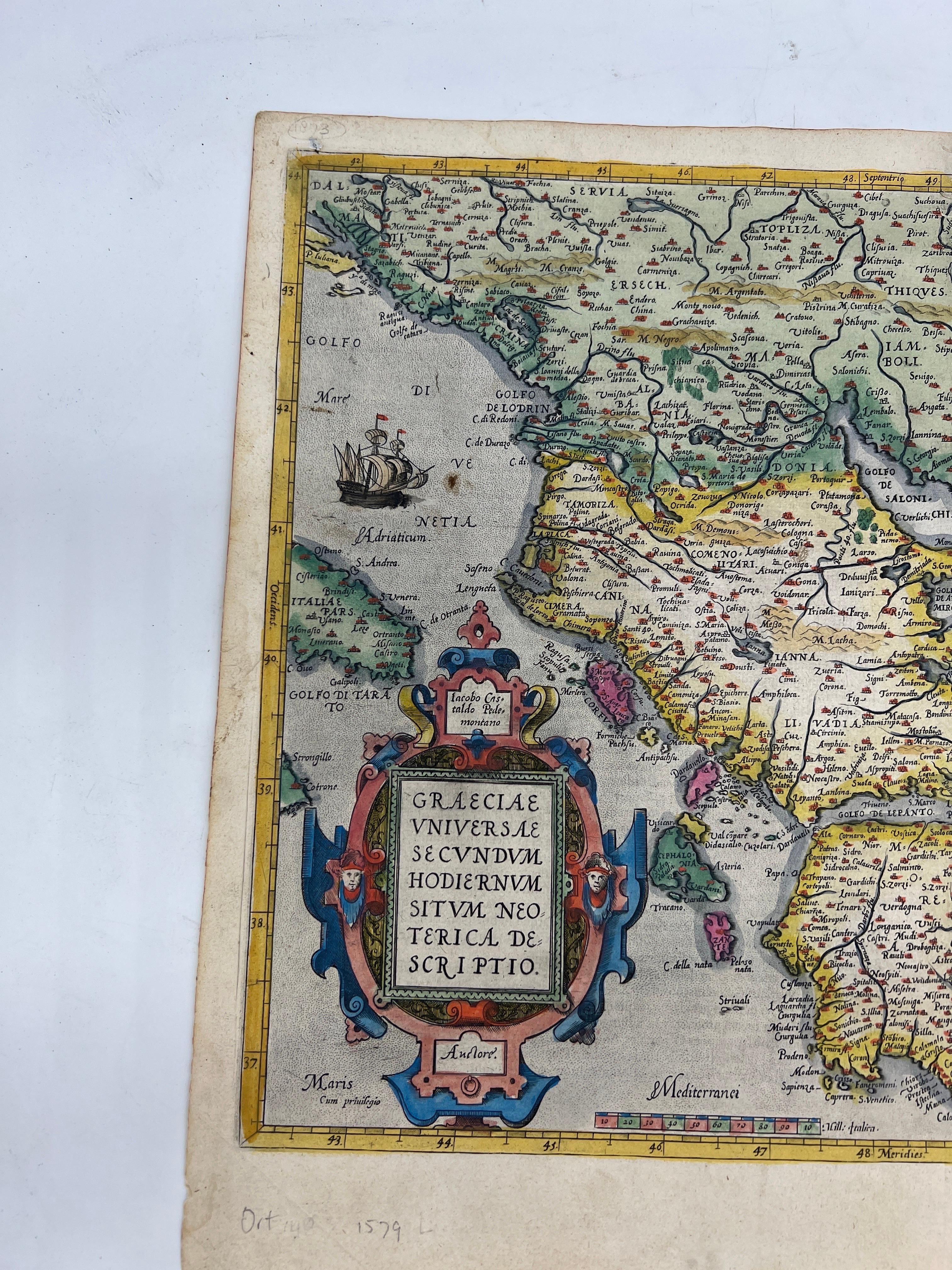 British Abraham Ortelius Map of Greece Hand Colored Engraving Circa 1579