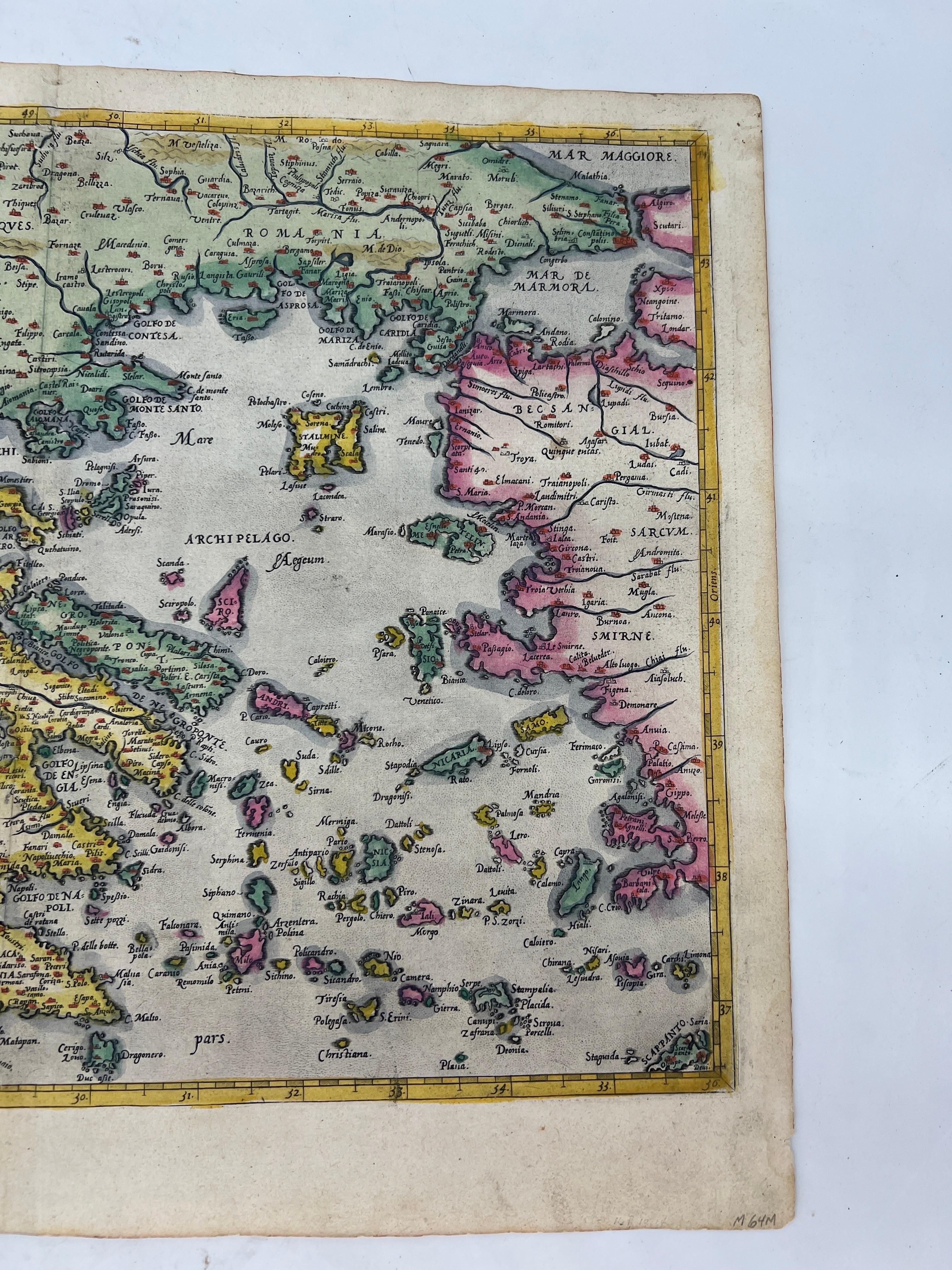 18th Century and Earlier Abraham Ortelius Map of Greece Hand Colored Engraving Circa 1579