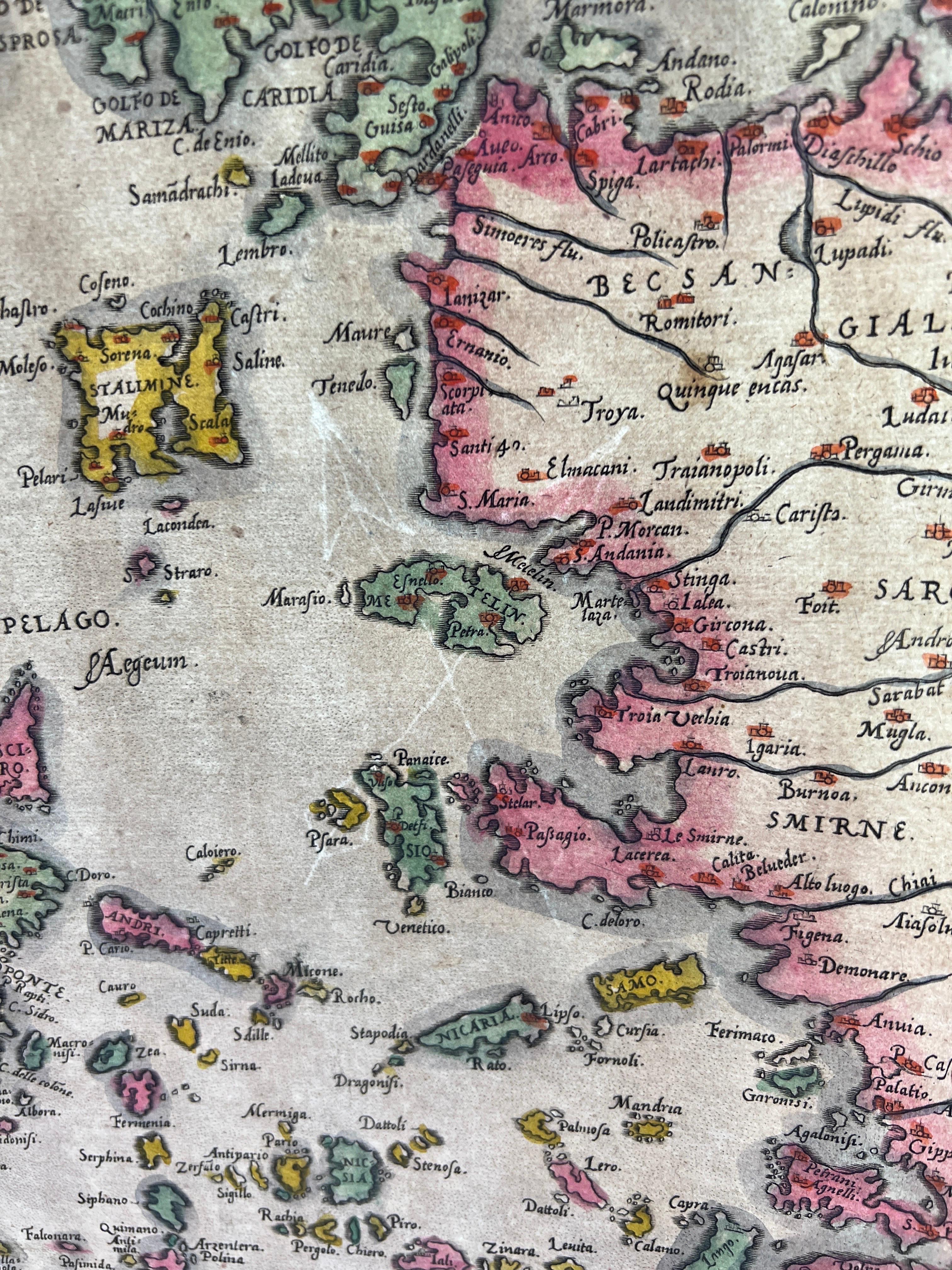 Paper Abraham Ortelius Map of Greece Hand Colored Engraving Circa 1579