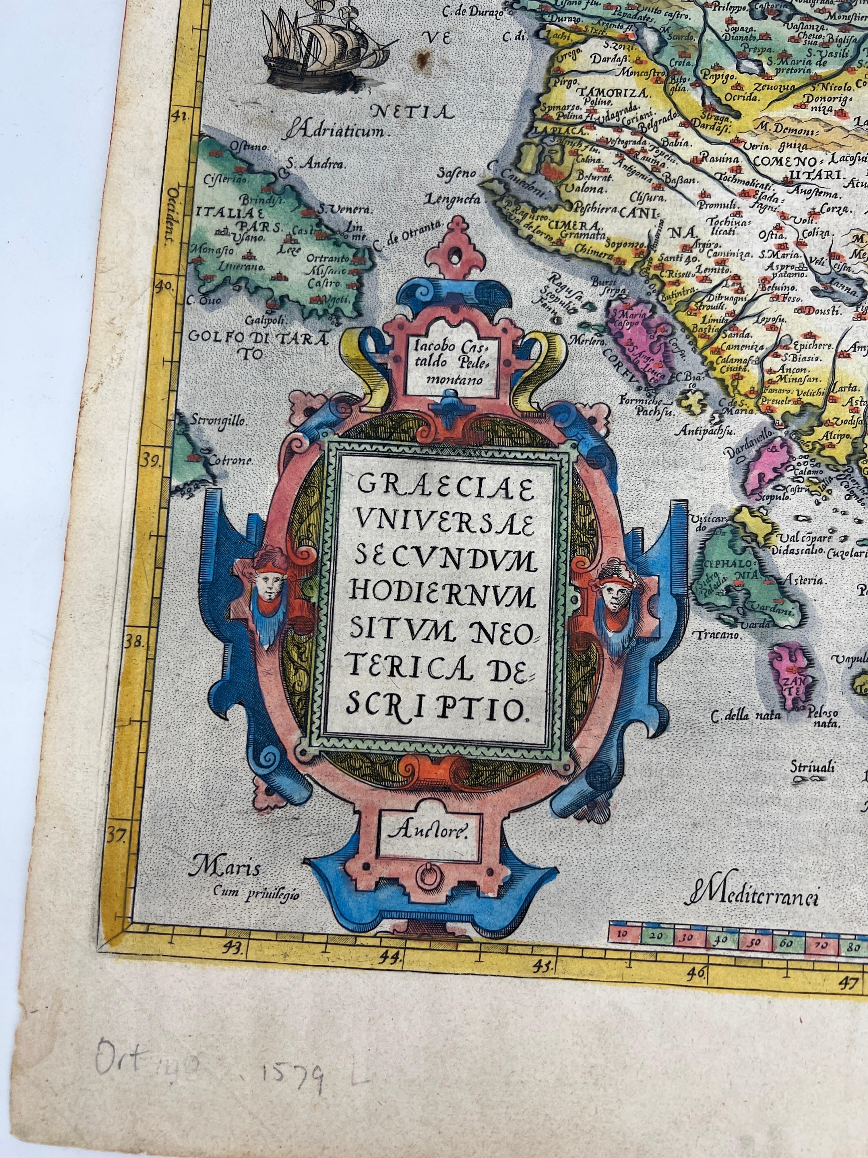 Abraham Ortelius Map of Greece Hand Colored Engraving Circa 1579 1