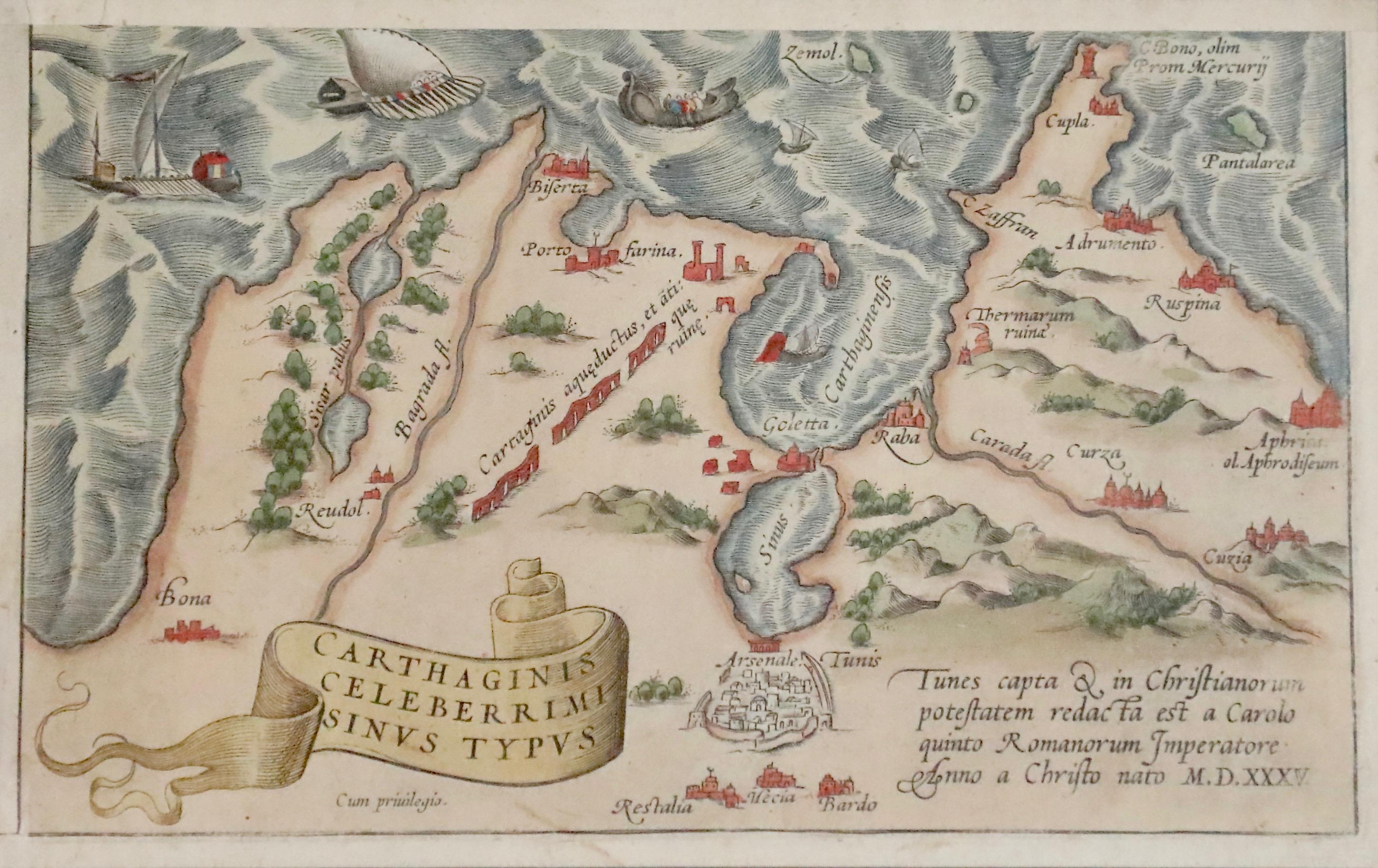 16th Century Hand Colored Engraved Map of Carthage (Tunisia) 1