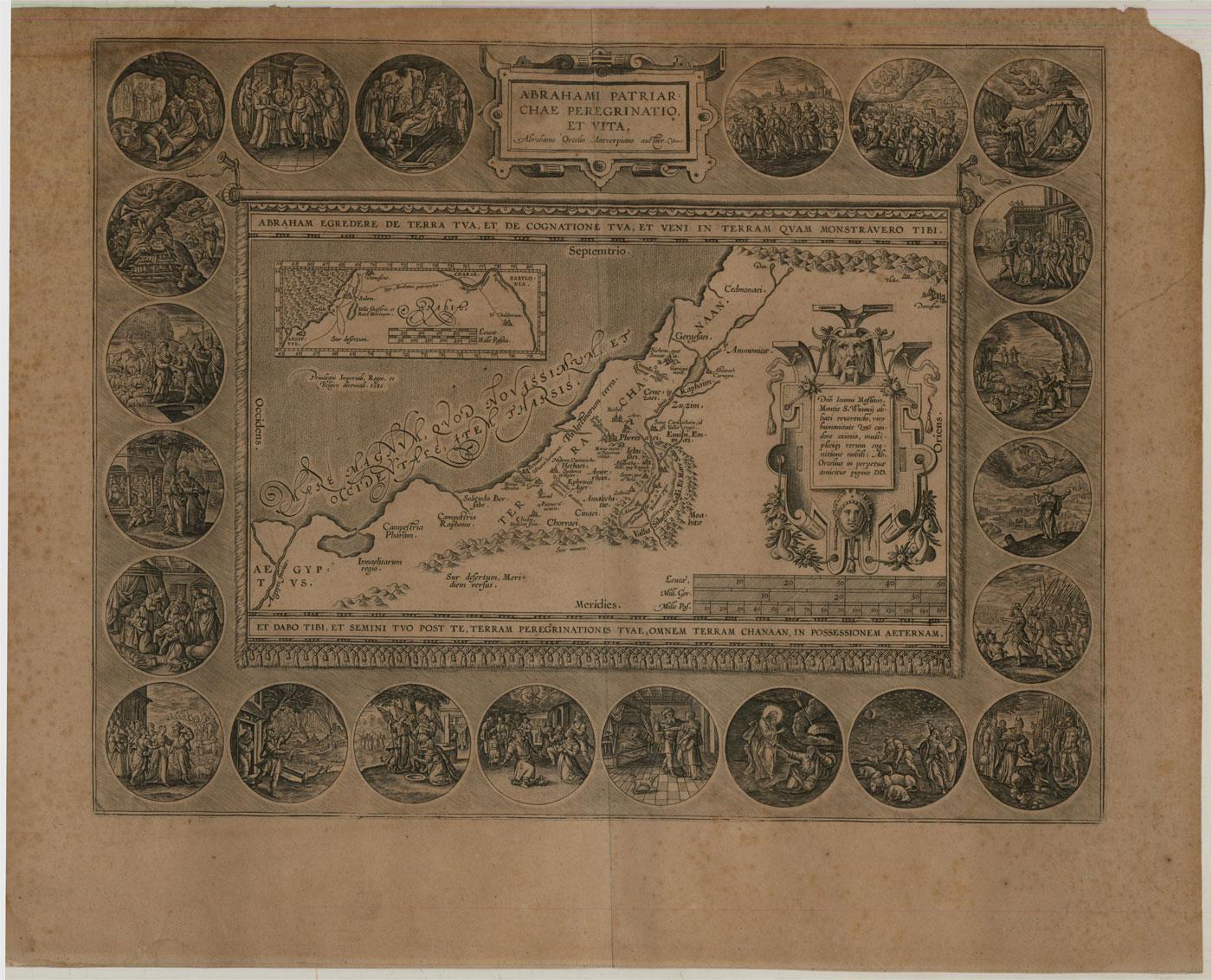 An early 17th or late 16th century map showing the land of Canaan with an inset map depicting the wanderings of Abraham, the first patriarch of Judaism. Surrounded by 22 medallions showing scenes of Abraham's life. Taken from the Atlas Theatrum
