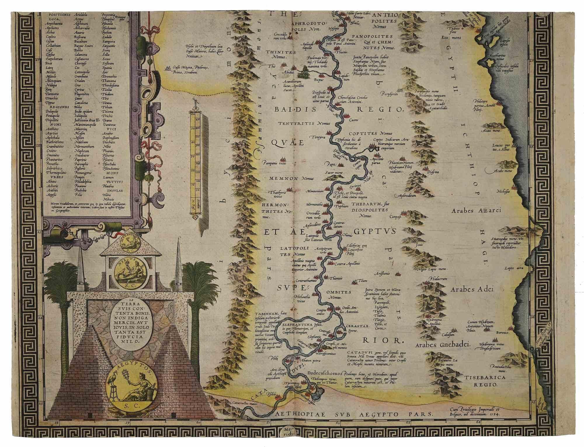 Aegypti Map (Map of Egypt) is an original Artwork realized in 1584 by Abraham Ortelius (also Ortels, Orthellius, Wortels; Antwerp, 4 or 14 April 1527 – Antwerp, 28 June 1598).

Original Etching with coeval hand watercoloring.

From the series