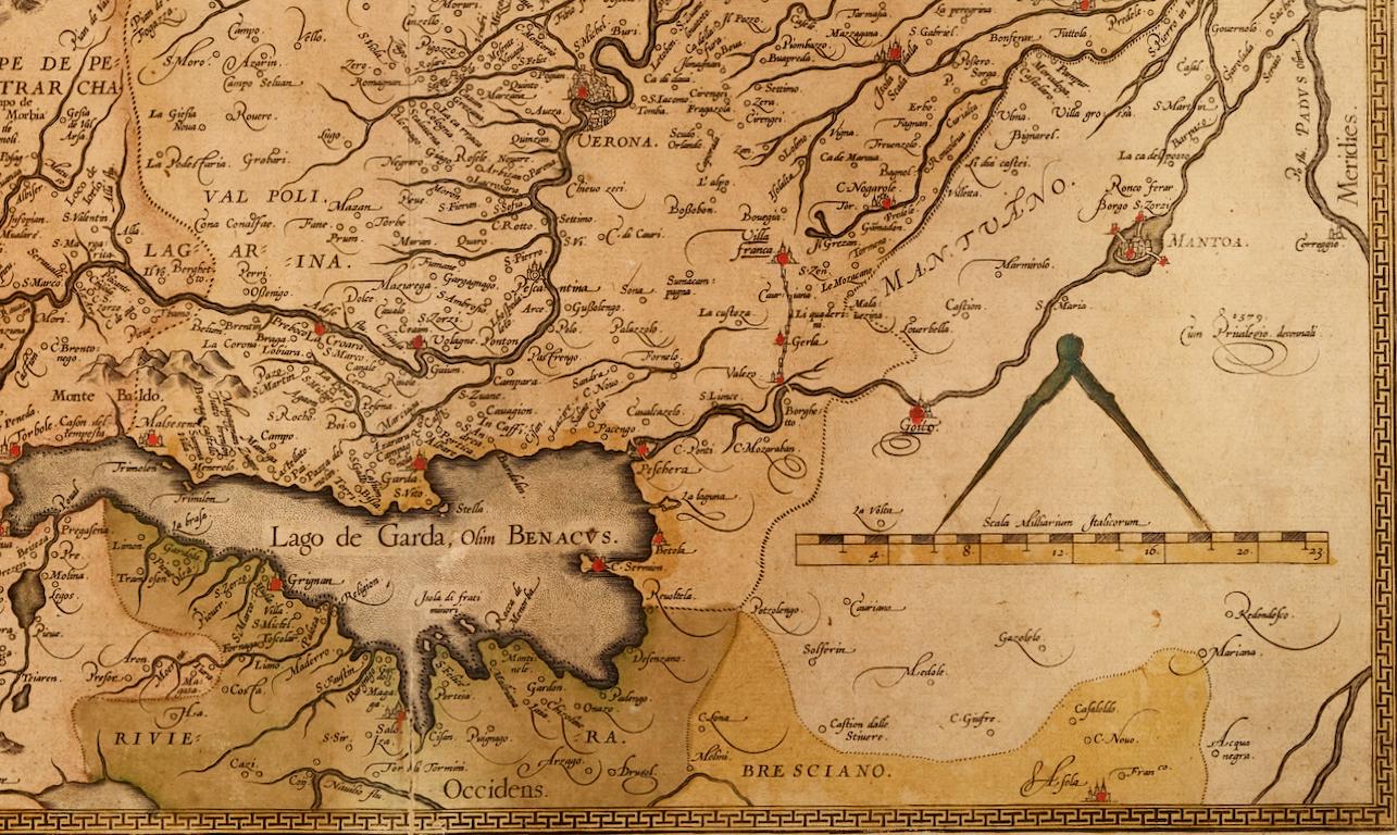 Si tratta di una mappa dell'Italia settentrionale incorniciata e colorata a mano del XVI secolo intitolata 
