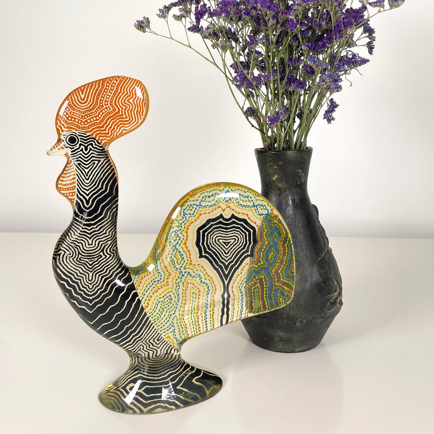 Elevate your art collection with this rare and iconic large Lucite rooster sculpture by celebrated Brazilian artist Abraham Palatnik. Created in the 1970s, this striking piece is a testament to Palatnik’s pioneering role in the kinetic and Op Art