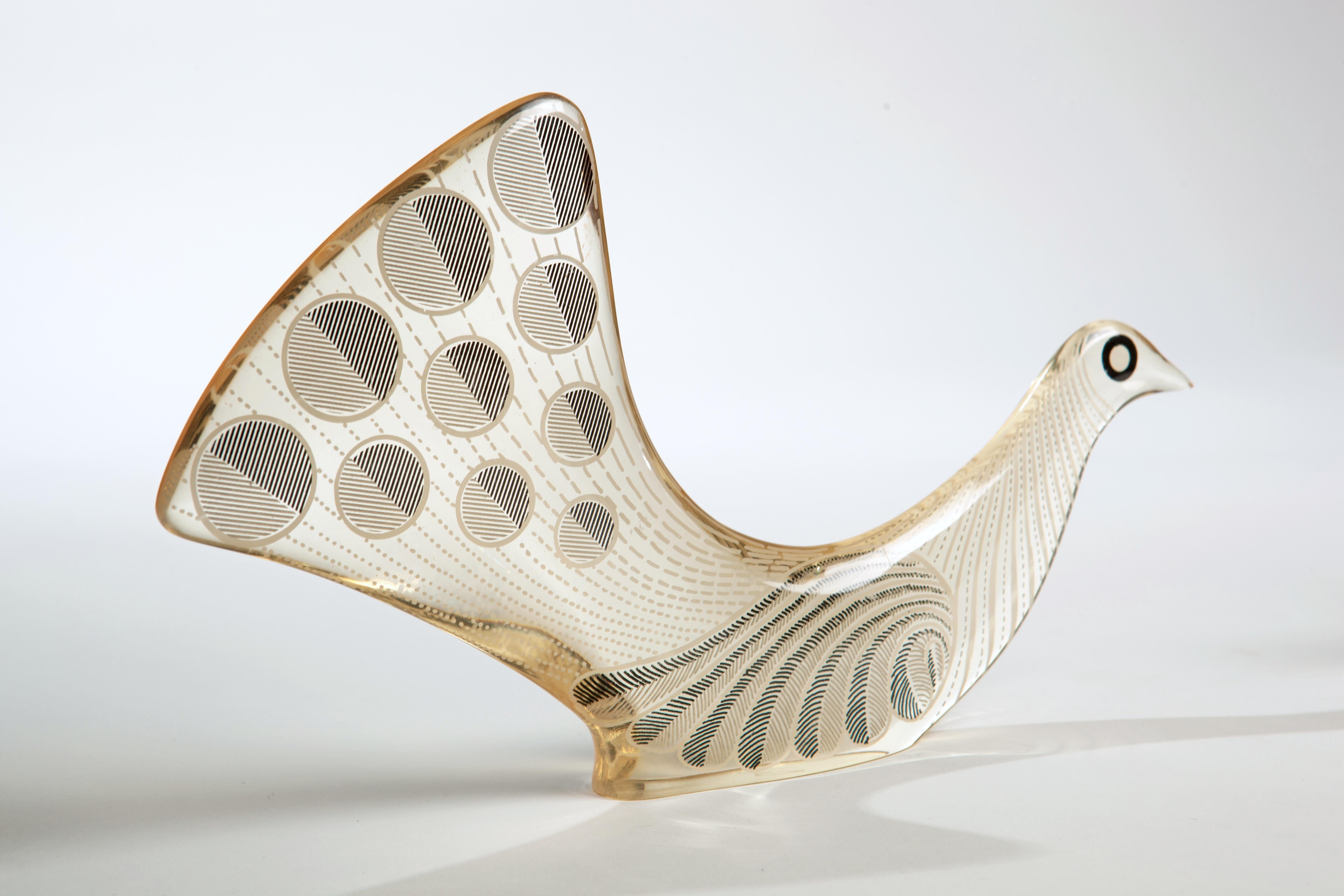 Dramatic and very graphic is this stunning dove or bird sculpture by Abraham Palatnik (1928-2020). A most unusual pattern for his doves. Color varies with room lighting. A second duck sculpture is also available but sold separately.
Palatnik is