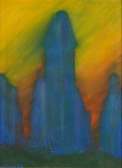 Antique Israeli American Modernist Cityscape Framed Flatiron Building Painting