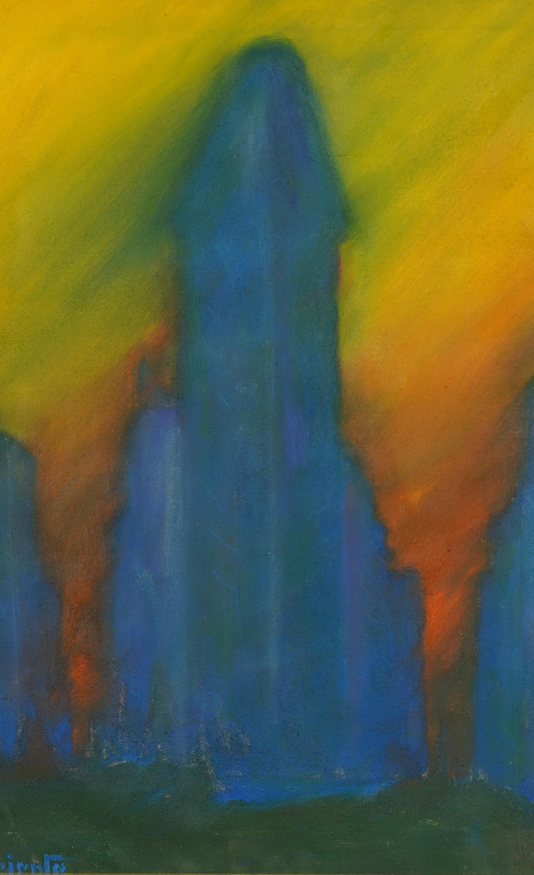 Antiguo cuadro israelí de paisaje urbano modernista americano enmarcado Edificio Flatiron - Landscape Painting Beige de Abraham Pariente