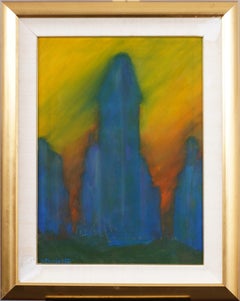 Antique Israeli American Modernist Cityscape Framed Flatiron Building Painting