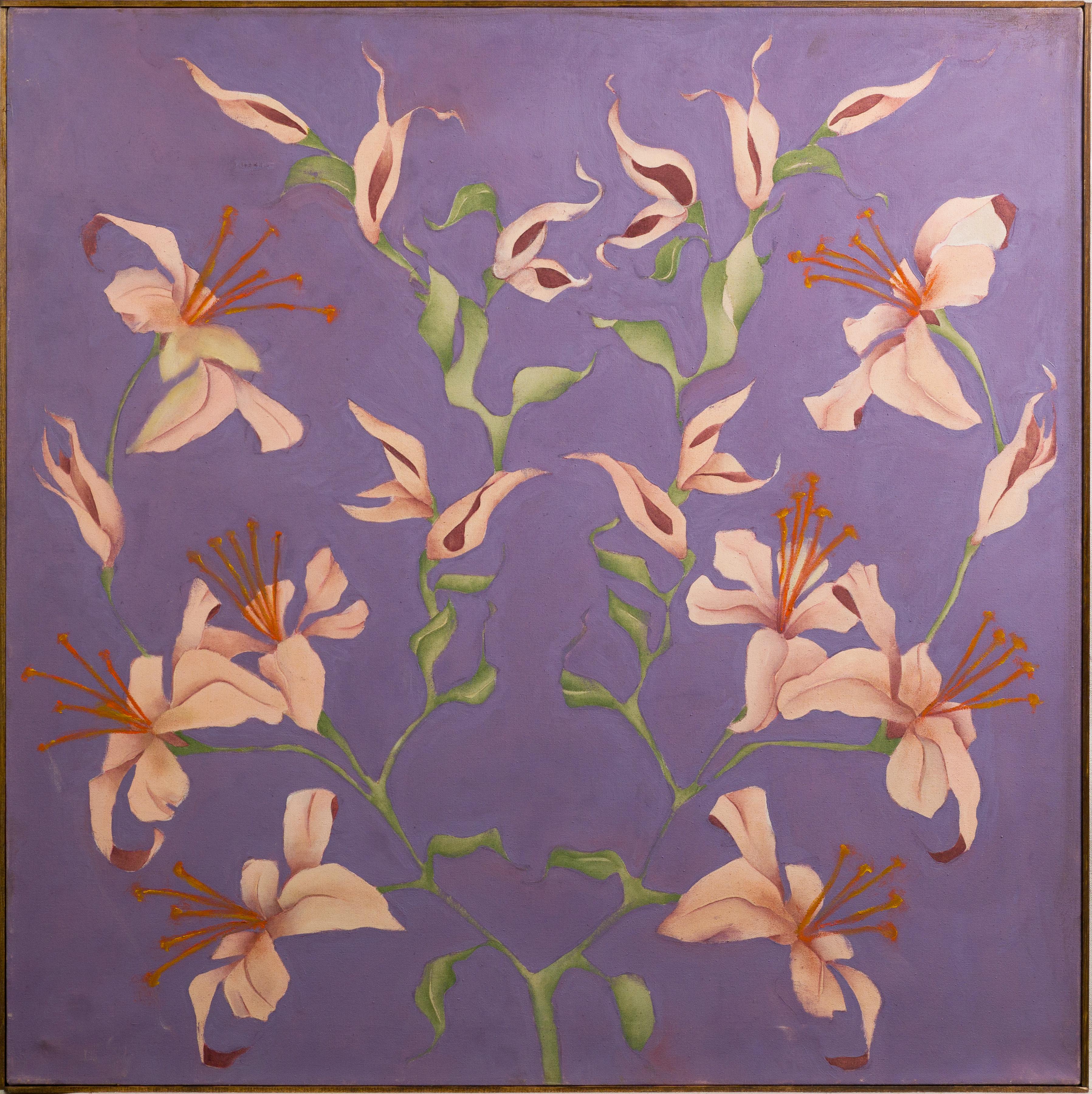 Modernist orchid flower still life oil painting by Abraham Pariente.  Oil on canvas, circa 1980.  Signed.  Displayed in a modernist frame.  Important large and impressive work!