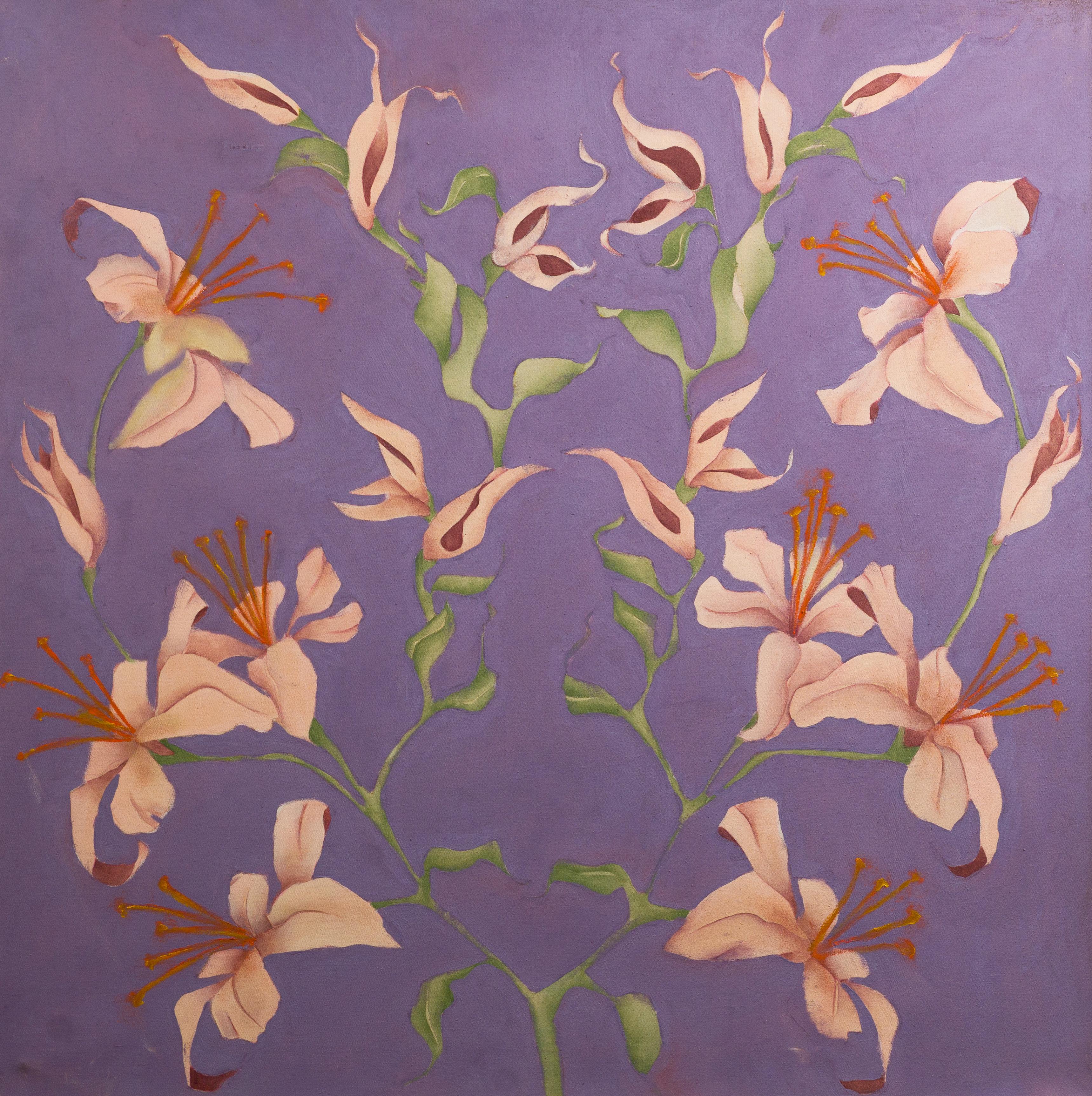 Nature morte moderniste à la fleur d'orchidée, peinture à l'huile d'Abraham Pariente.  Huile sur toile, vers 1980.  Signé.  Présenté dans un cadre moderniste.  Un travail important et impressionnant !