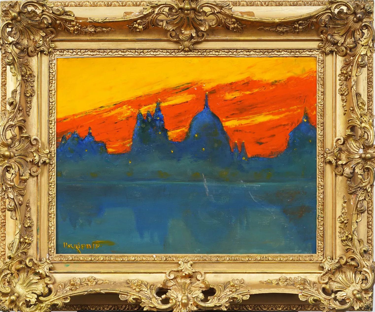 Vintage Modernist Venice Cityscape Nicely Framed Sunset Original Oil Painting - Marron Landscape Painting par Abraham Pariente