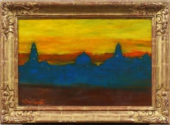 Vintage Modernistische Vintage-Ölgemälde, Venice Cityscape, Schön gerahmte Sonnenuntergang, Original