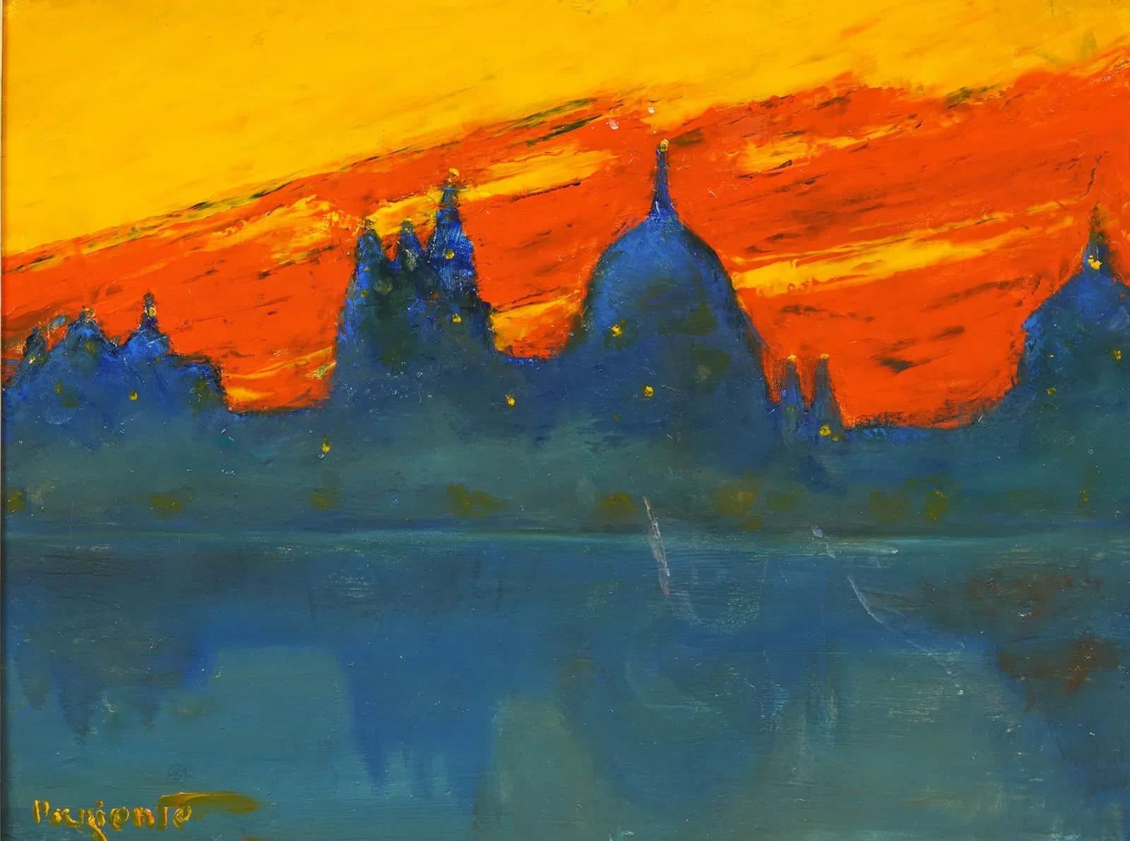 Peinture à l'huile moderniste israélo-américaine vintage. Huile sur planche. Signé. Encadré. Mesurant 26 par 30 pouces dans l'ensemble et 16 par 21 pour la peinture seule. 