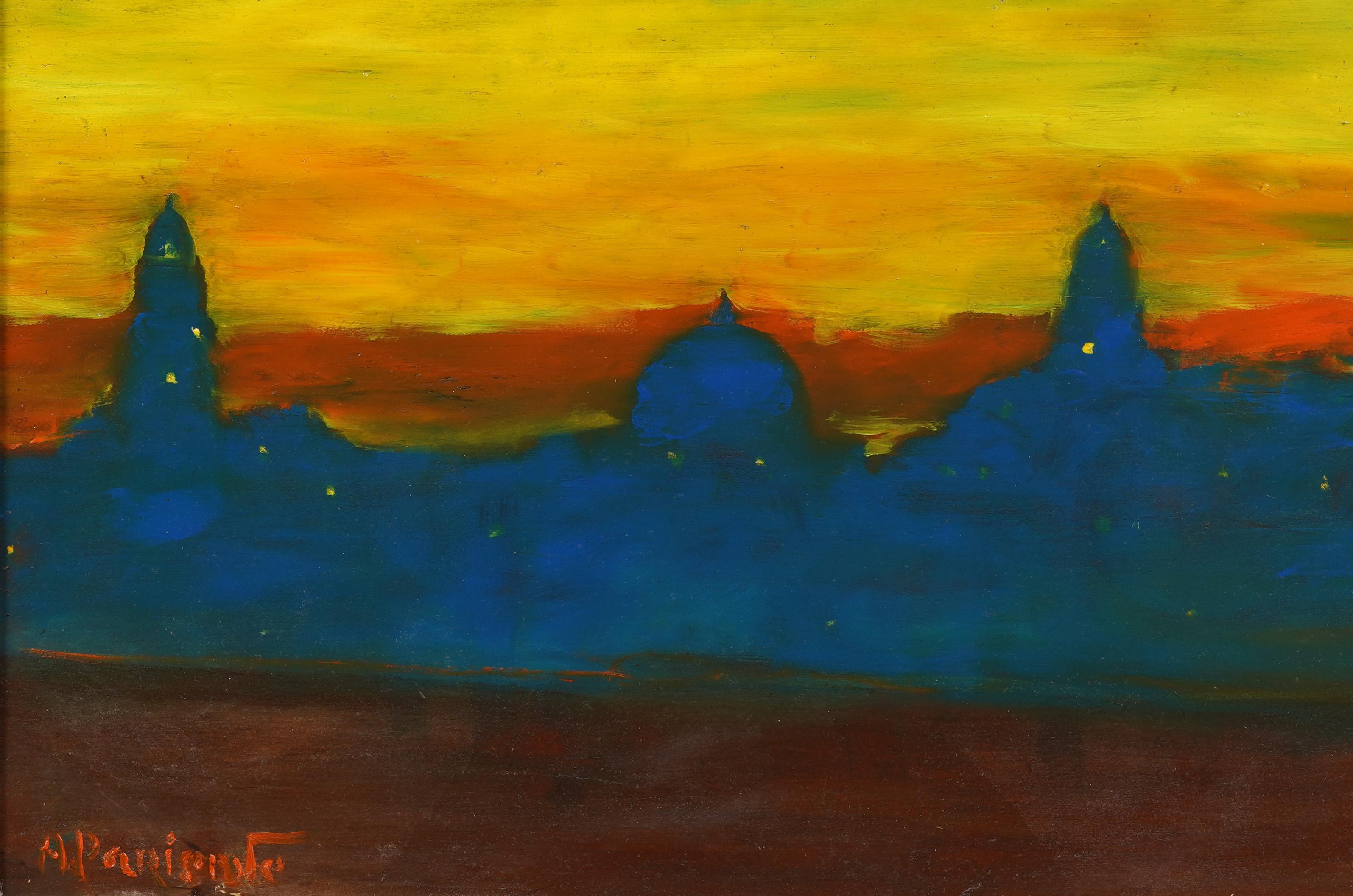 Vintage Modernist Venice Cityscape Nicely Framed Sunset Original Oil Painting en vente 1