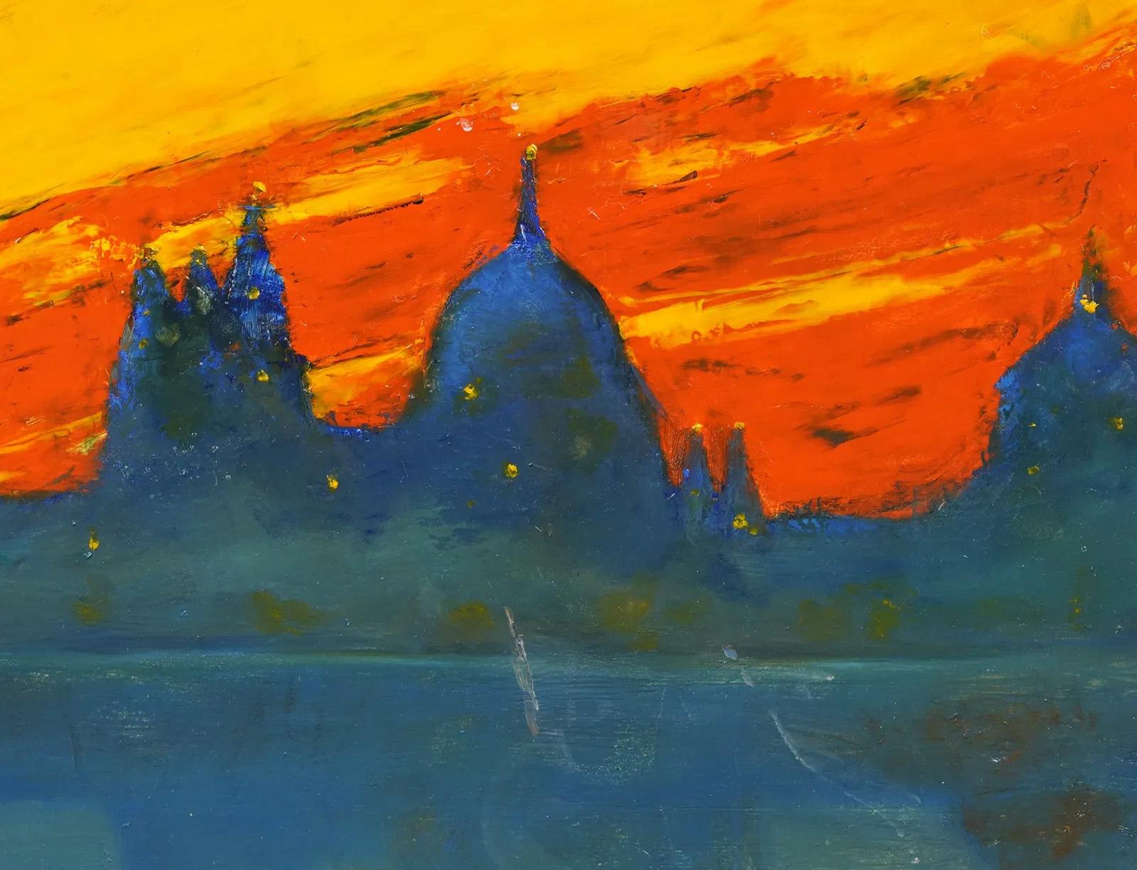 Vintage Modernist Venice Cityscape Nicely Framed Sunset Original Oil Painting en vente 2