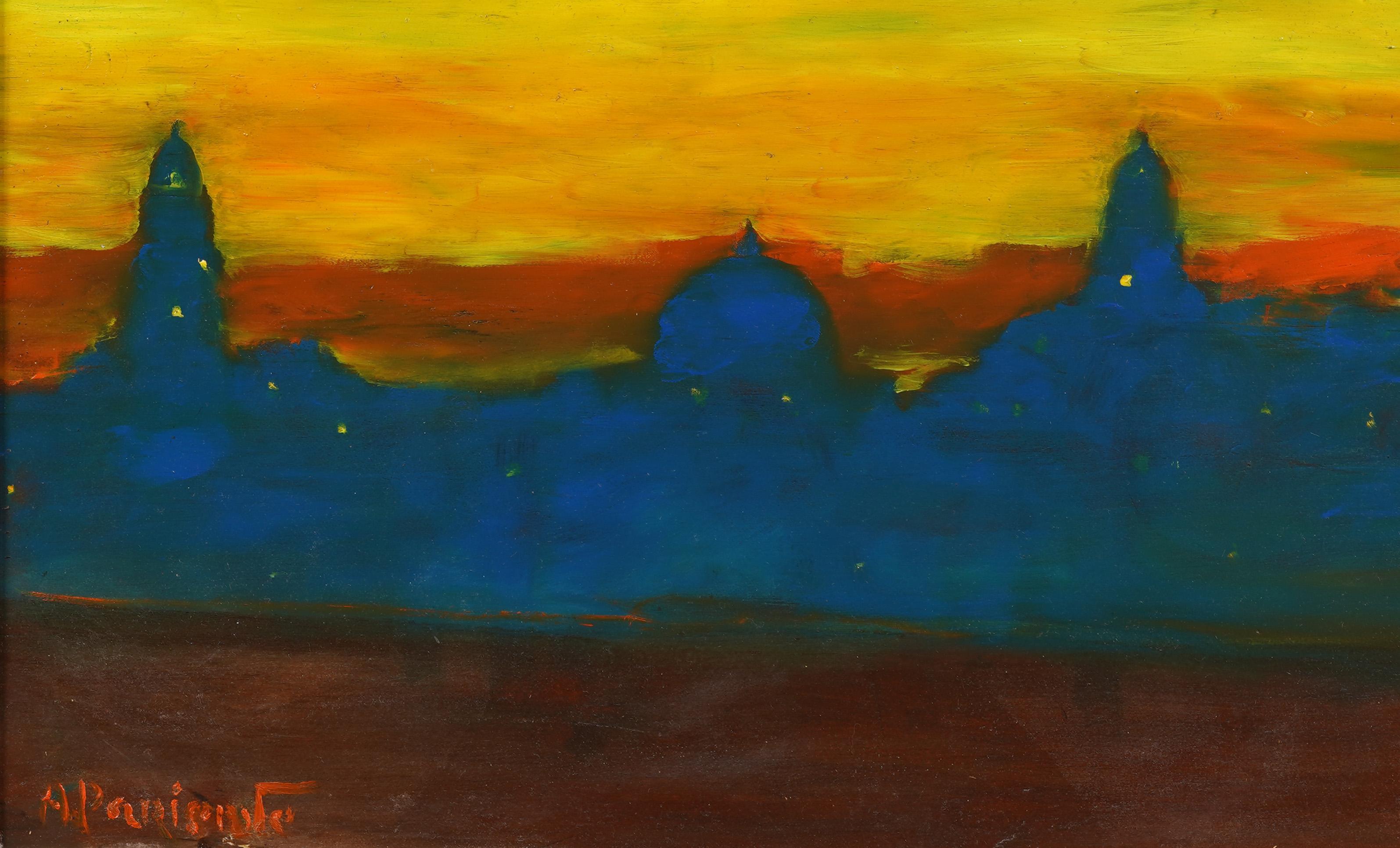 Vintage Modernist Venice Cityscape Nicely Framed Sunset Original Oil Painting en vente 2