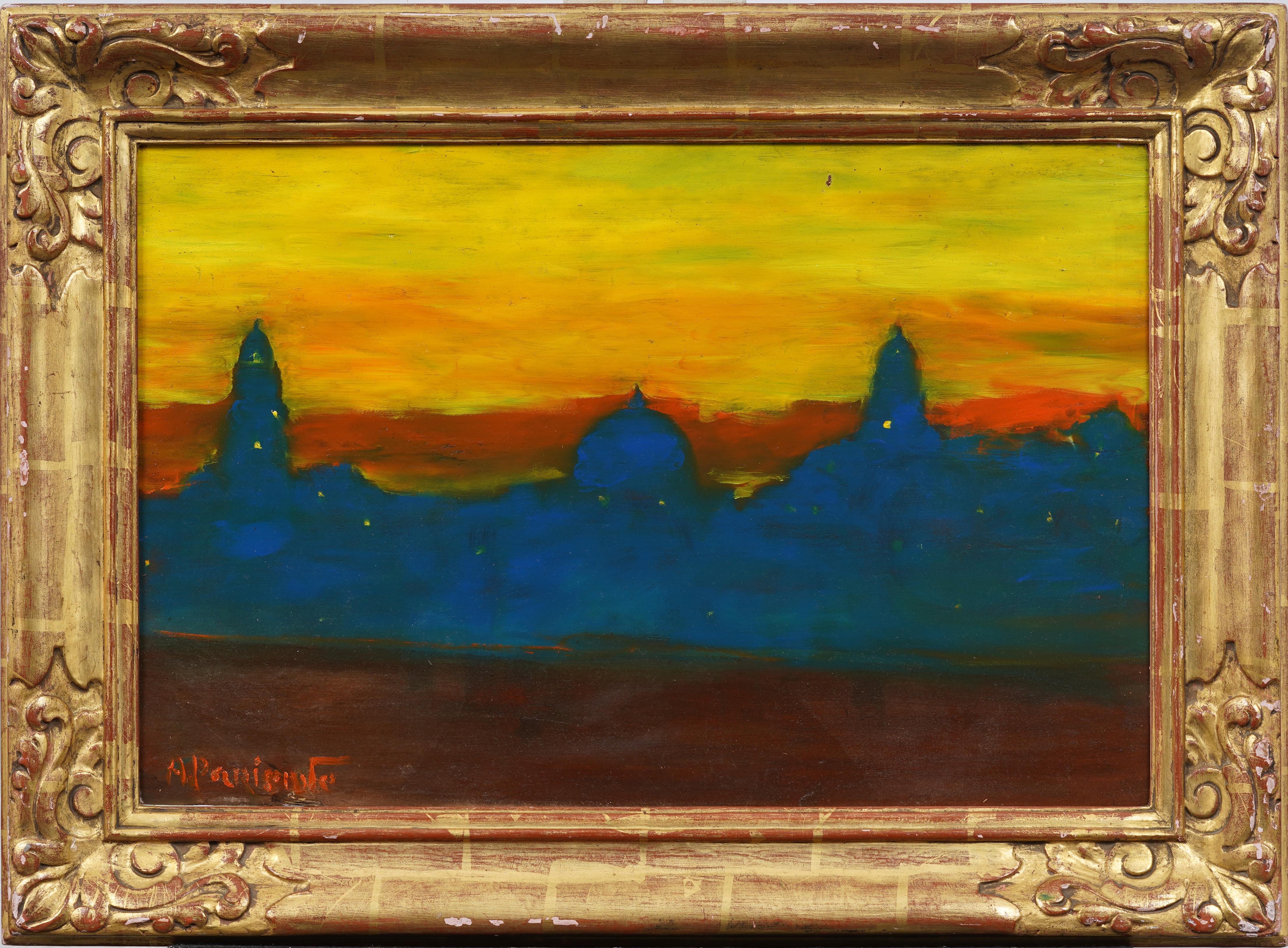 Landscape Painting Abraham Pariente - Vintage Modernist Venice Cityscape Nicely Framed Sunset Original Oil Painting