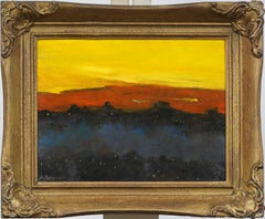 Vintage notturno Atene Grecia con cornice, paesaggio urbano firmato pittura ad olio modernista