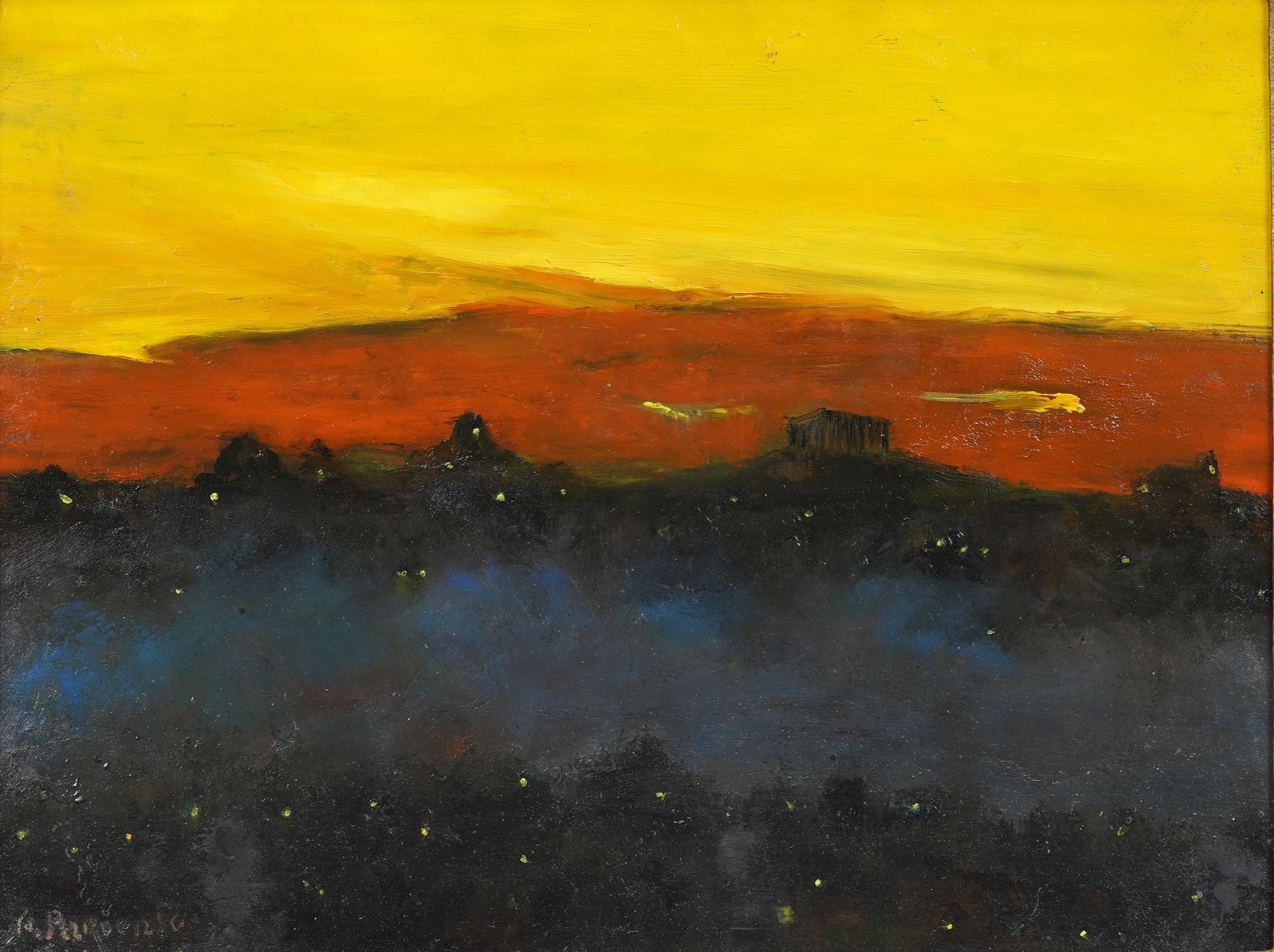 Vintage Nocturnal Athen Griechenland gerahmt Stadtbild signiert Modernist Ölgemälde (Moderne), Painting, von Abraham Pariente