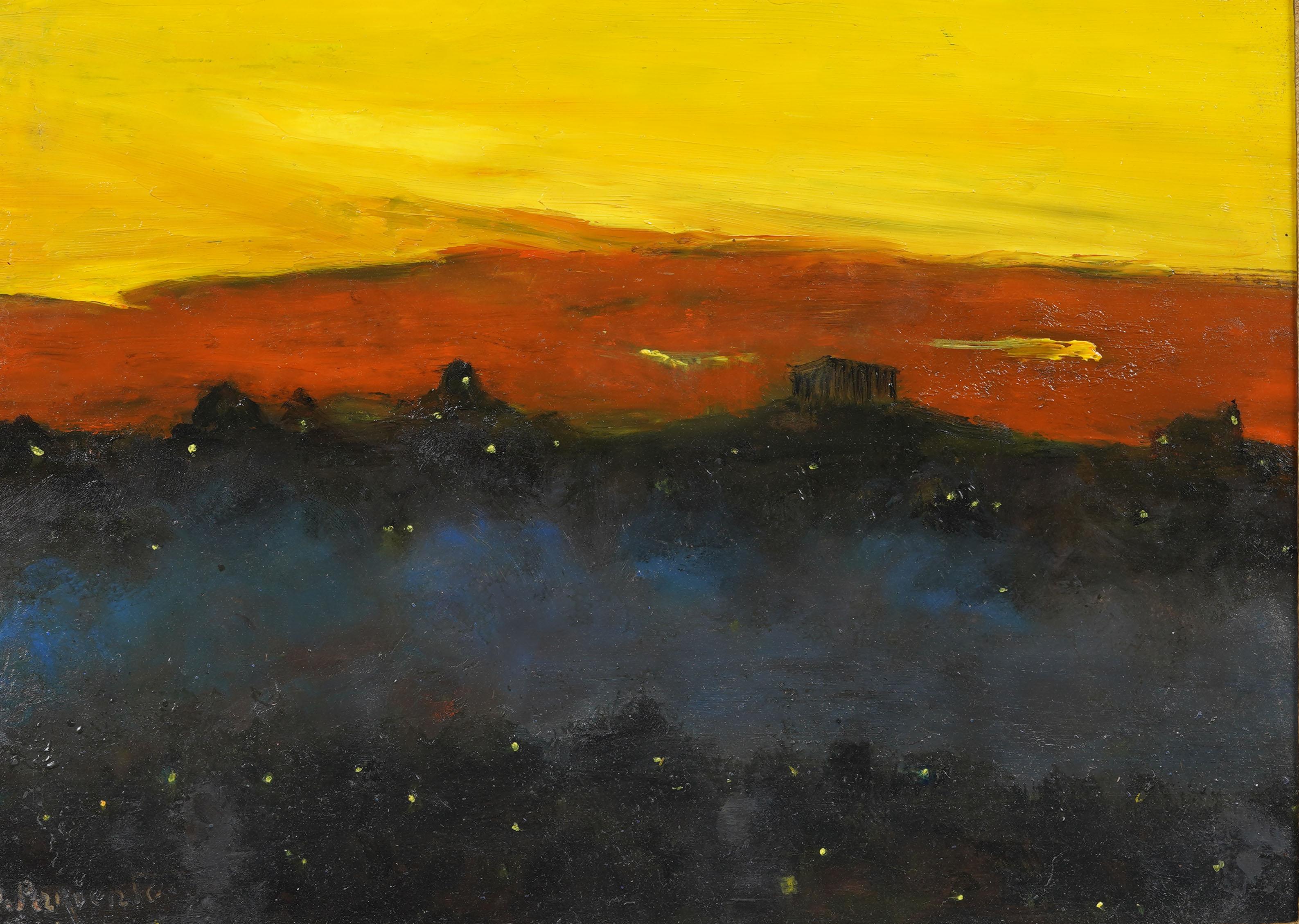 Vintage Nocturnal Athen Griechenland gerahmt Stadtbild signiert Modernist Ölgemälde (Braun), Abstract Painting, von Abraham Pariente