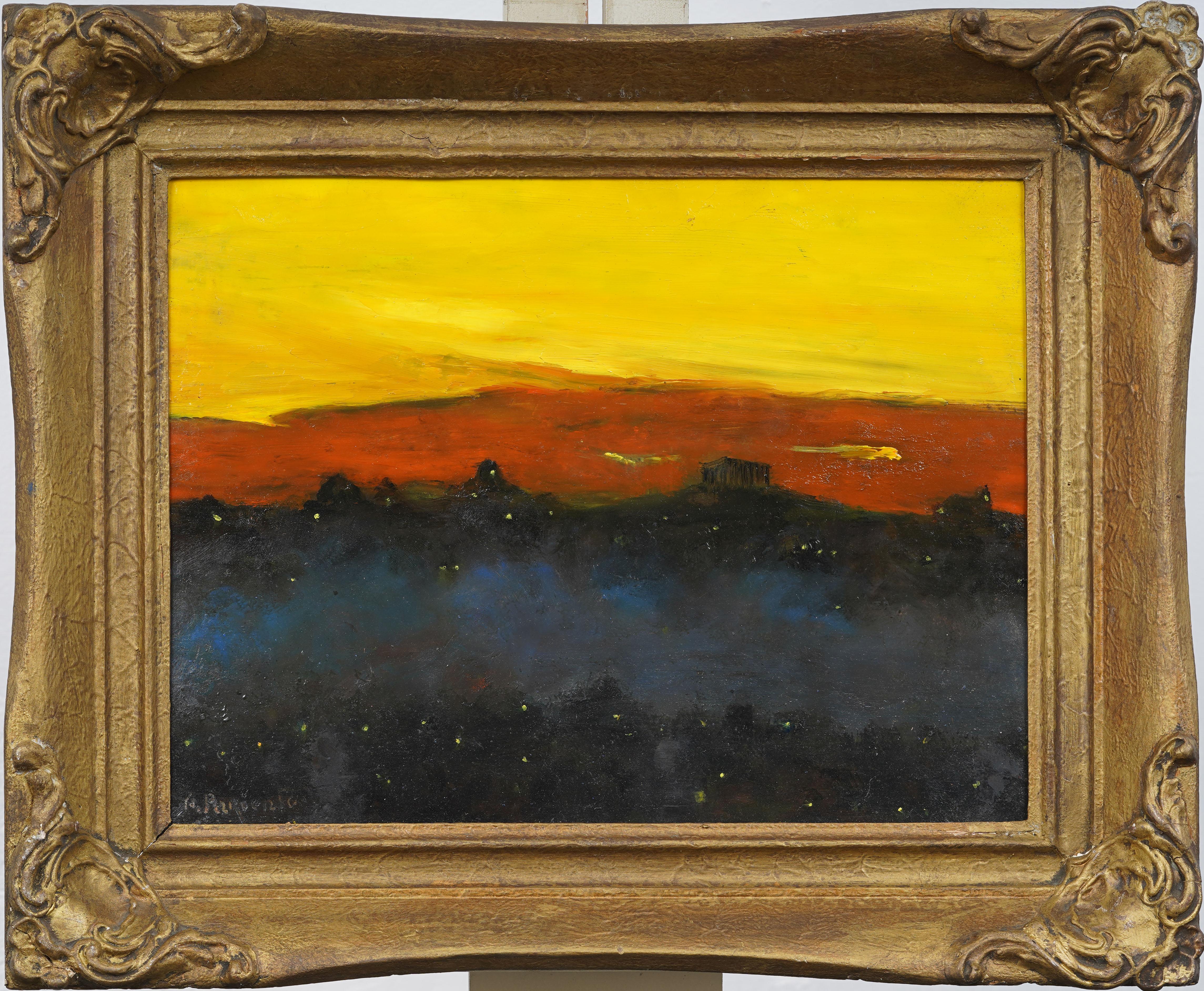 Abraham Pariente Abstract Painting – Vintage Nocturnal Athen Griechenland gerahmt Stadtbild signiert Modernist Ölgemälde