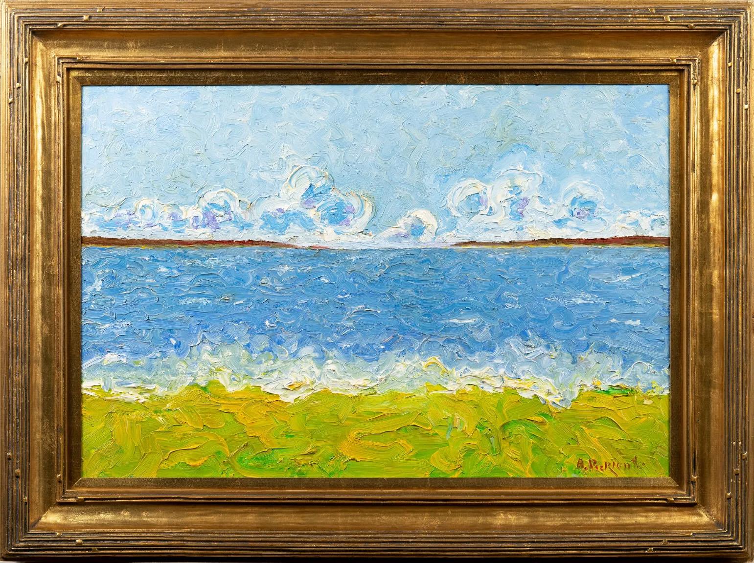 Modernist abstract landscape painting by Abraham Pariente.  Oil on canvas, circa 1990.  Signed.  Displayed in a giltwood impressionist frame.  