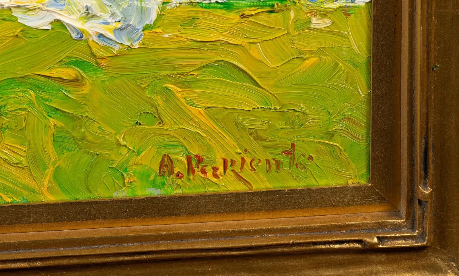 Paisaje abstracto modernista pintado por Abraham Pariente.  Óleo sobre lienzo, hacia 1990.  Firmado.  Se presenta en un marco impresionista de madera dorada.  
