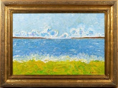 Vieille peinture à l'huile moderniste israélienne et américaine d'une scène de plage encadrée et signée