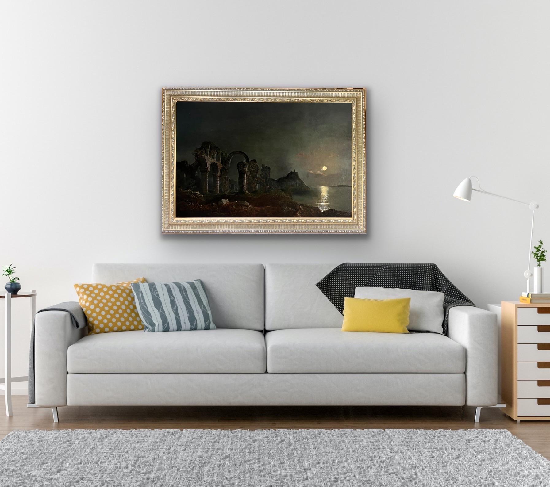 Peinture britannique du XVIIIe siècle - Paysage fluvial au clair de lune avec d'imposantes ruines 7