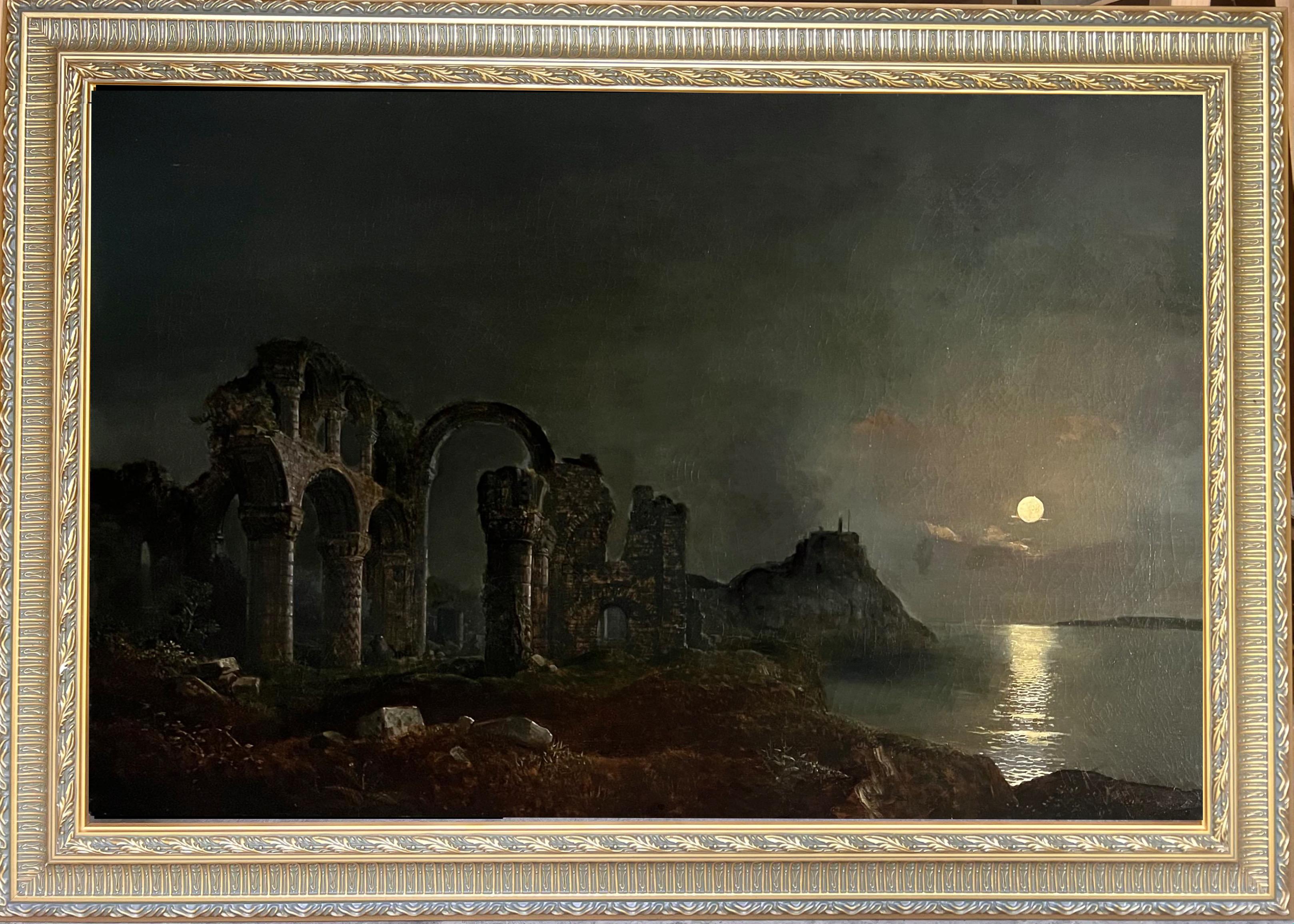 Peinture britannique du XVIIIe siècle - Paysage fluvial au clair de lune avec d'imposantes ruines - Painting de Abraham Pether