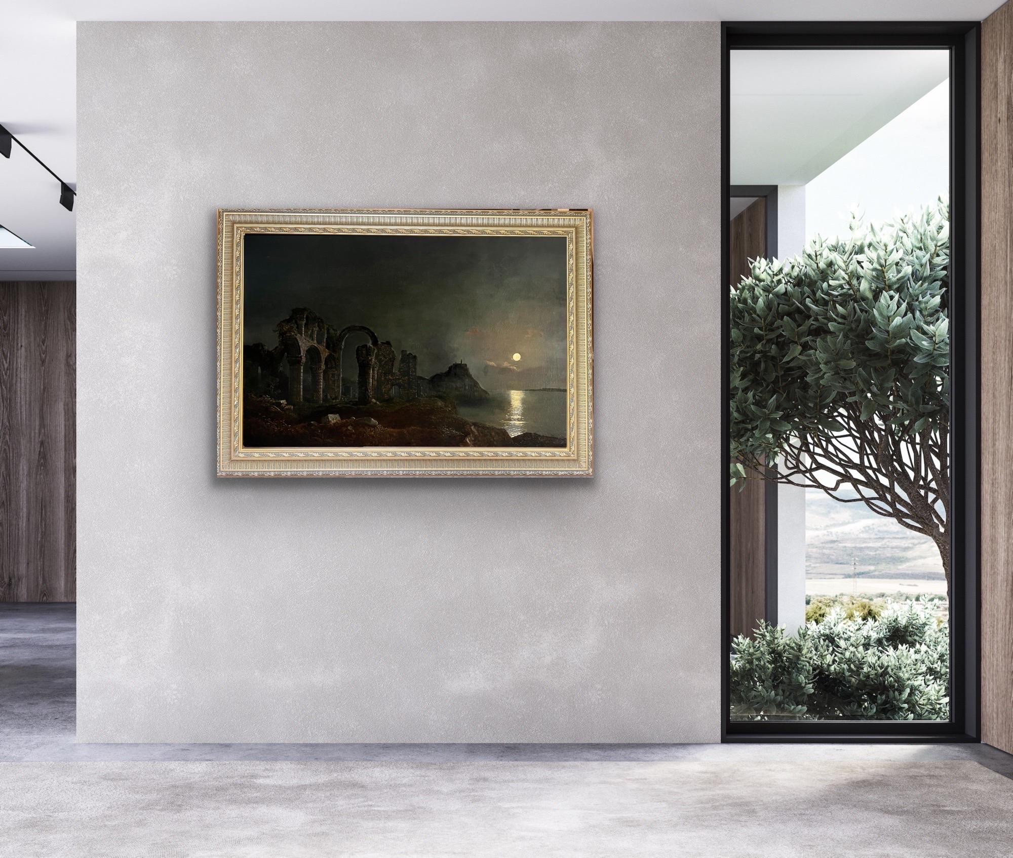 Peinture britannique du XVIIIe siècle - Paysage fluvial au clair de lune avec d'imposantes ruines - Maîtres anciens Painting par Abraham Pether
