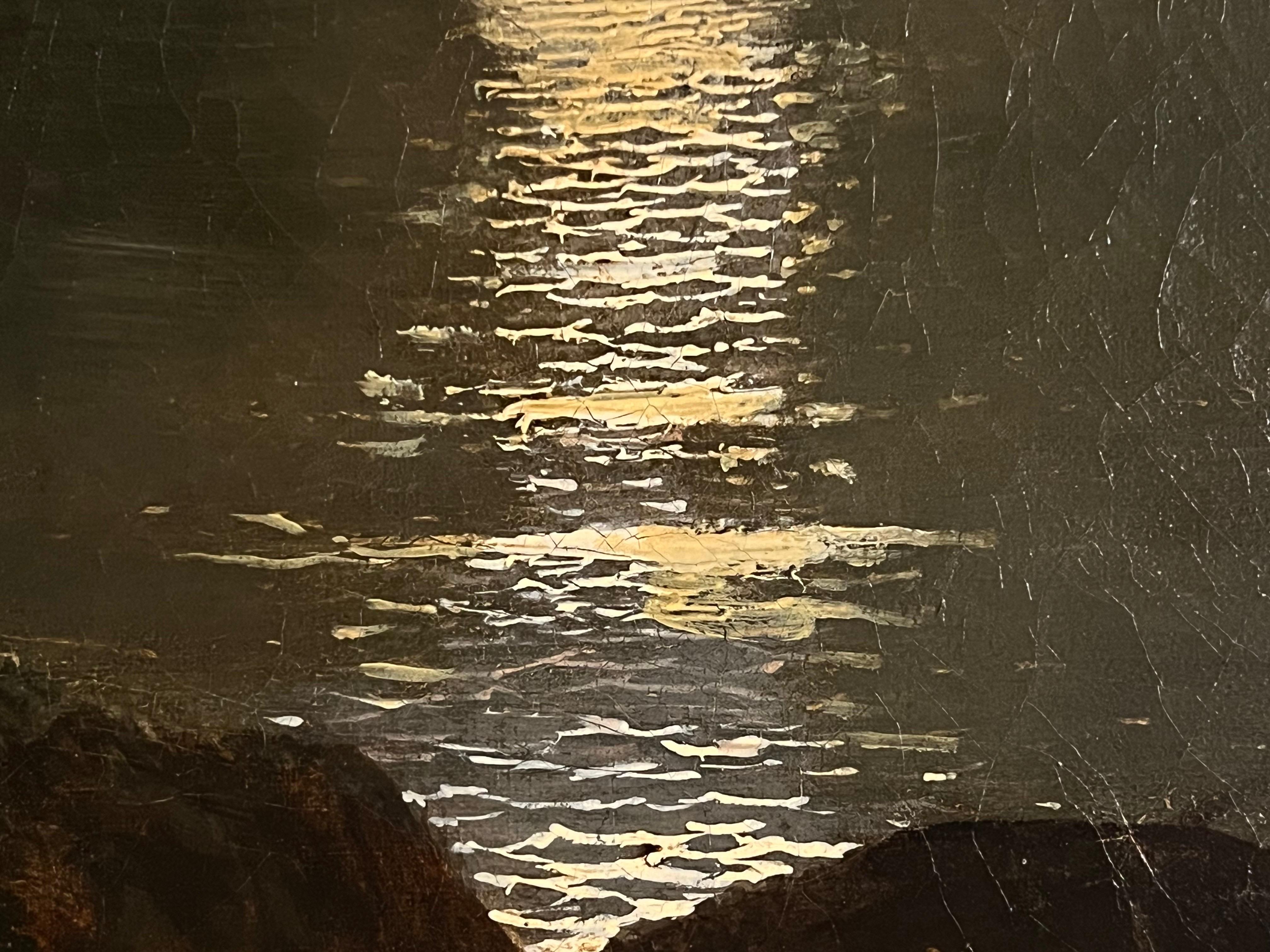 Grand paysage fluvial britannique du XIXe siècle, éclairé par la lune, avec ruines de château

Le tableau d'Abraham Pether, situé dans un paysage fluvial au clair de lune, capture une scène de ruines à la fois sereine, poignante et envoûtante. Les