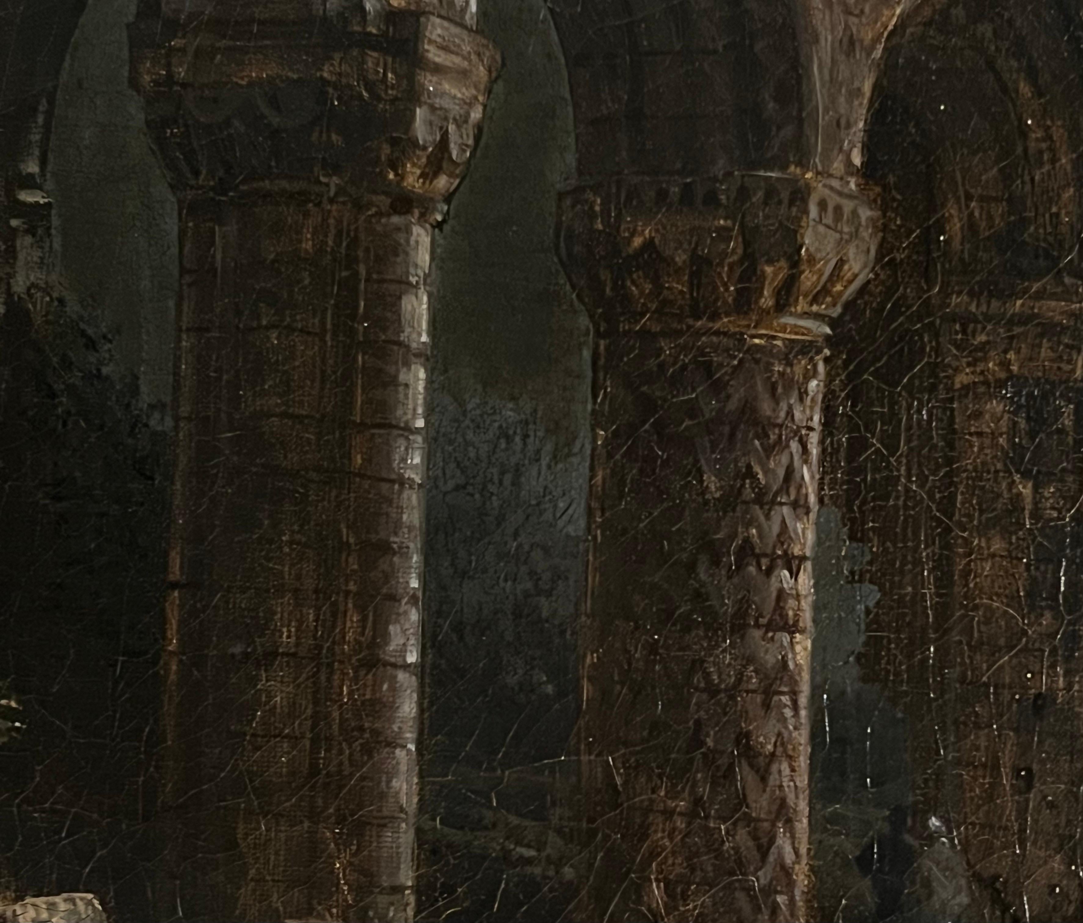 Peinture britannique du XVIIIe siècle - Paysage fluvial au clair de lune avec d'imposantes ruines 1