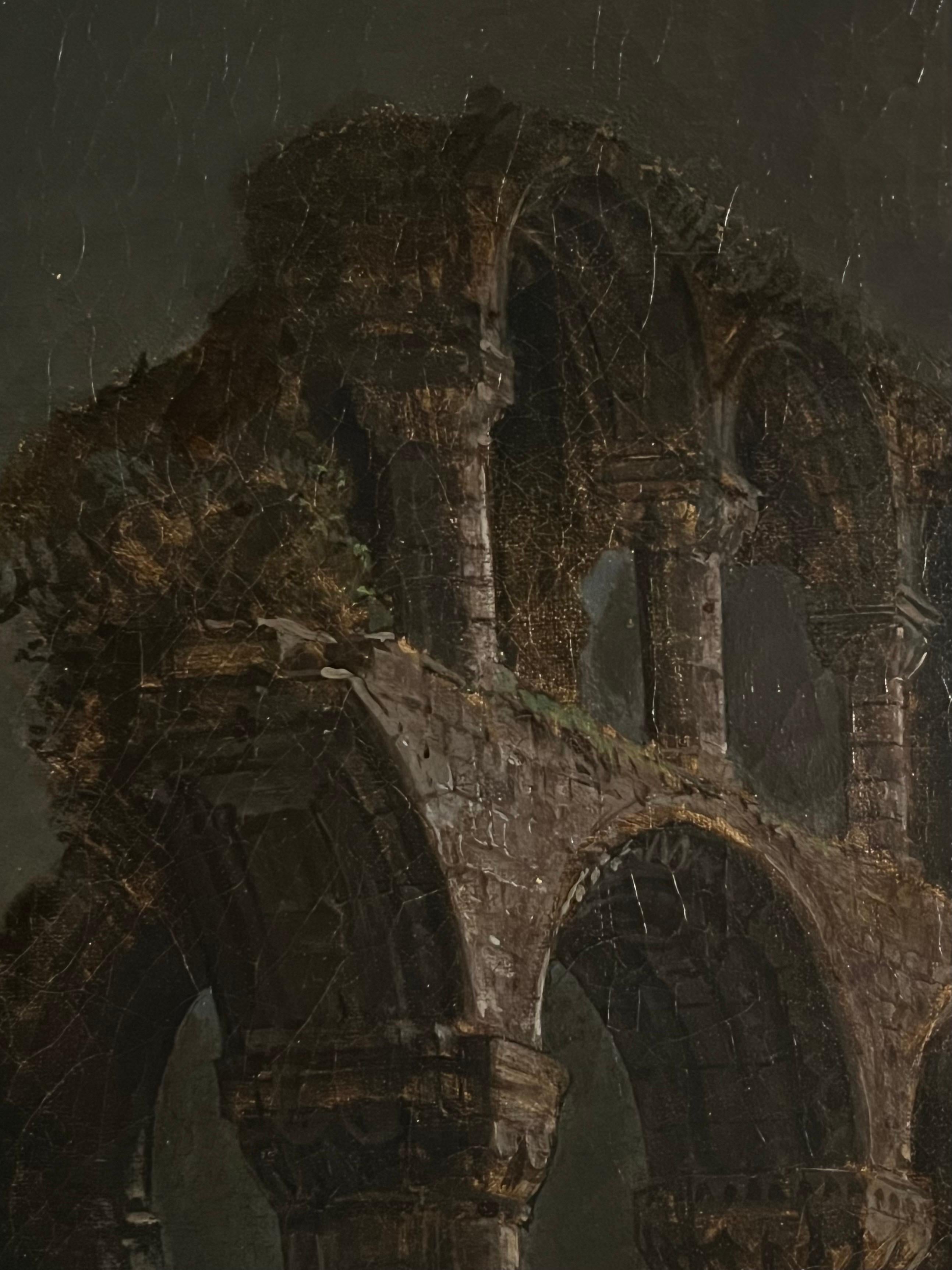 Peinture britannique du XVIIIe siècle - Paysage fluvial au clair de lune avec d'imposantes ruines 1