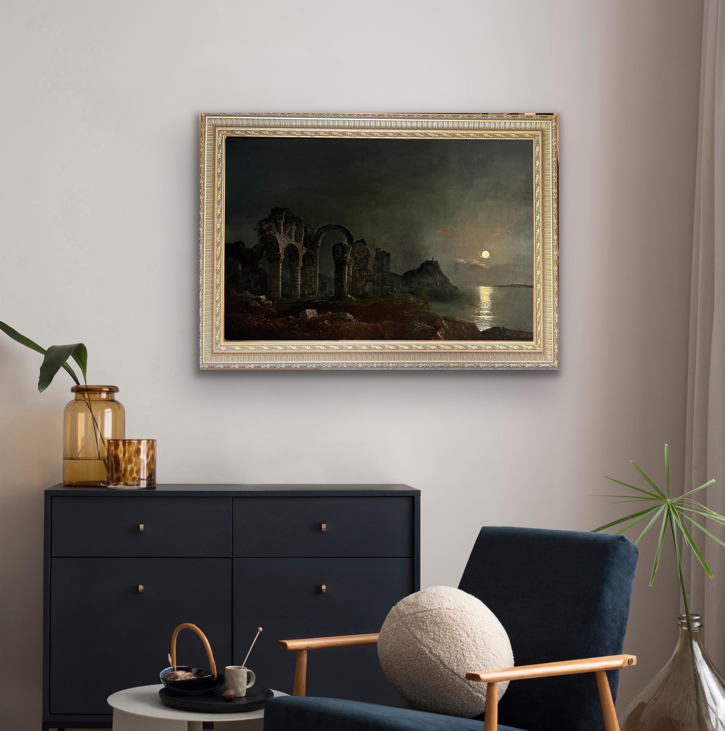 Peinture britannique du XVIIIe siècle - Paysage fluvial au clair de lune avec d'imposantes ruines 4