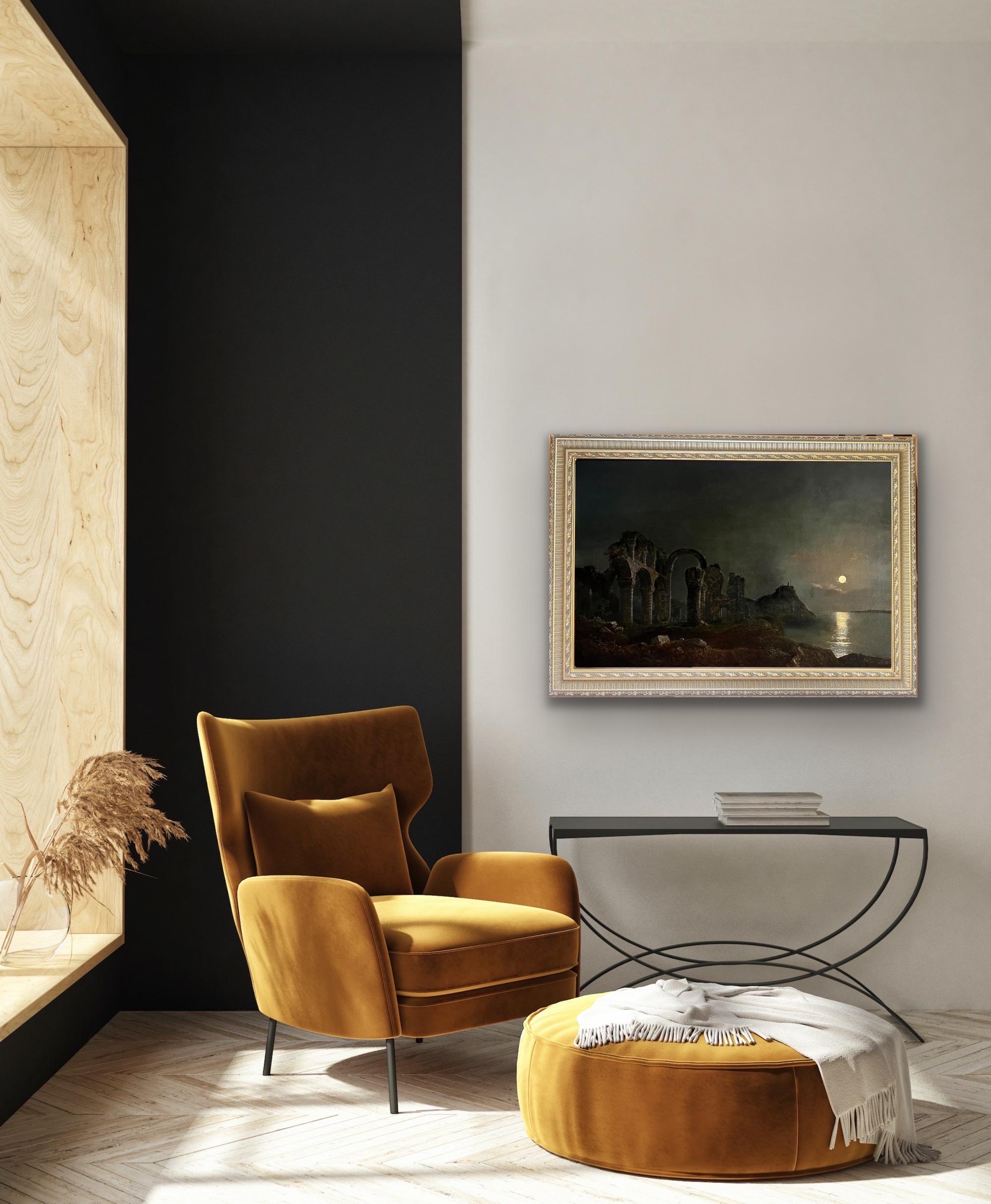 Peinture britannique du XVIIIe siècle - Paysage fluvial au clair de lune avec d'imposantes ruines 5