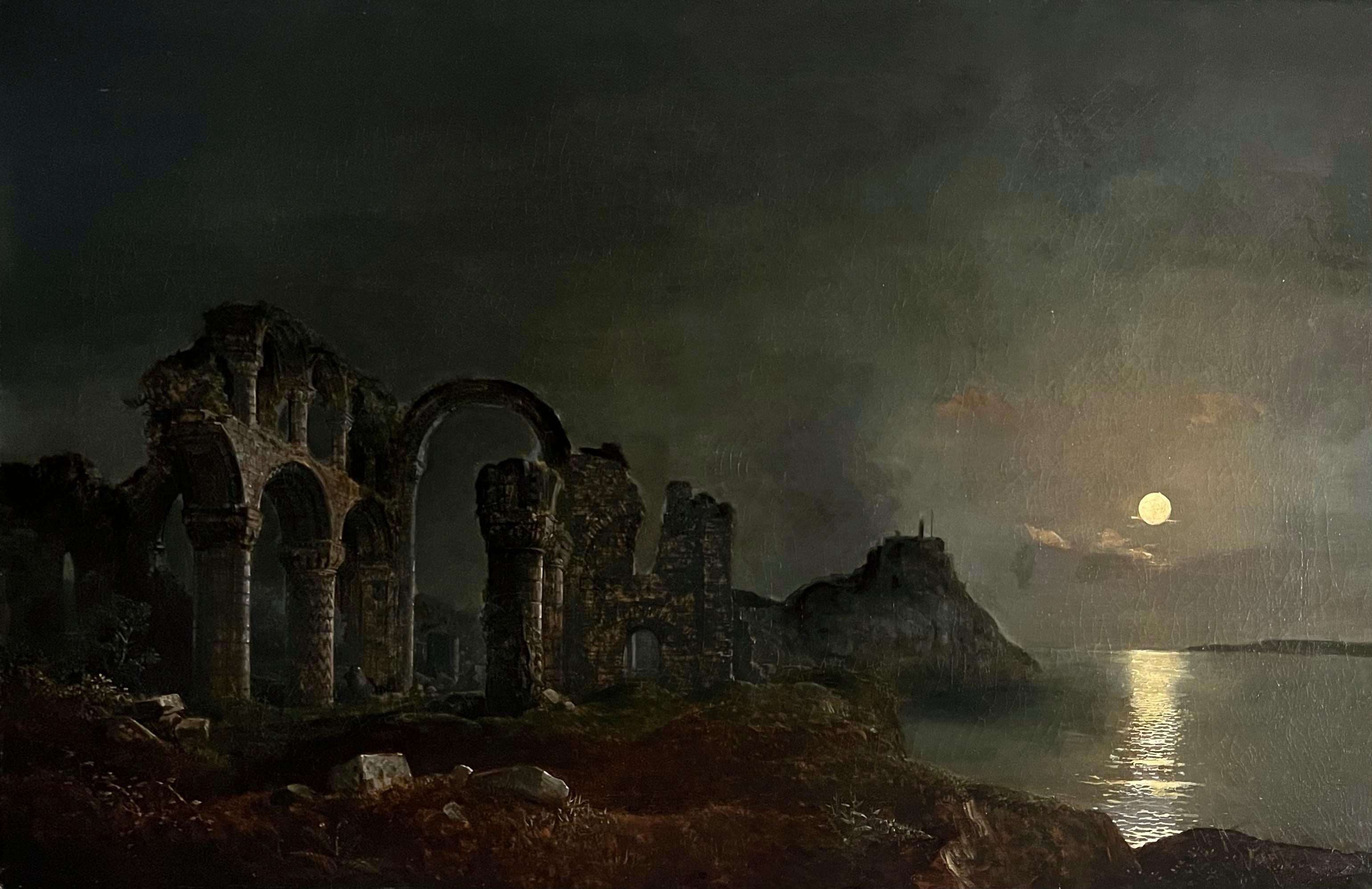 Figurative Painting Abraham Pether - Peinture britannique du XVIIIe siècle - Paysage fluvial au clair de lune avec d
imposantes ruines