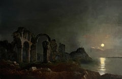 Peinture britannique du XVIIIe siècle - Paysage fluvial au clair de lune avec d'imposantes ruines