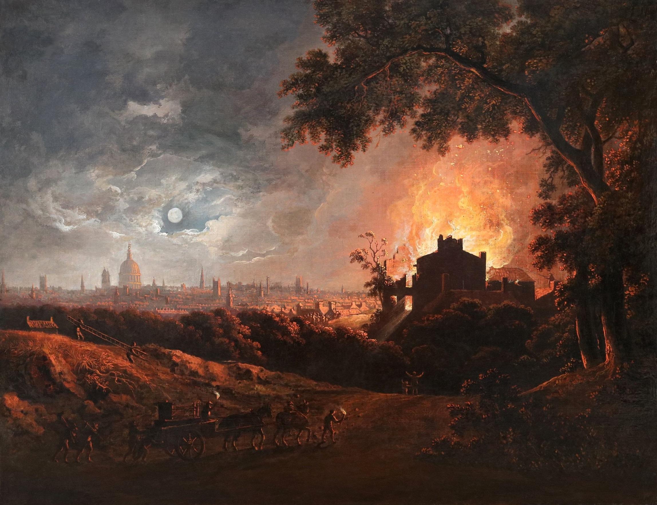 Fuego y luz de luna - Importante óleo del siglo XVIII Londres georgiano de noche - Painting de Abraham Pether