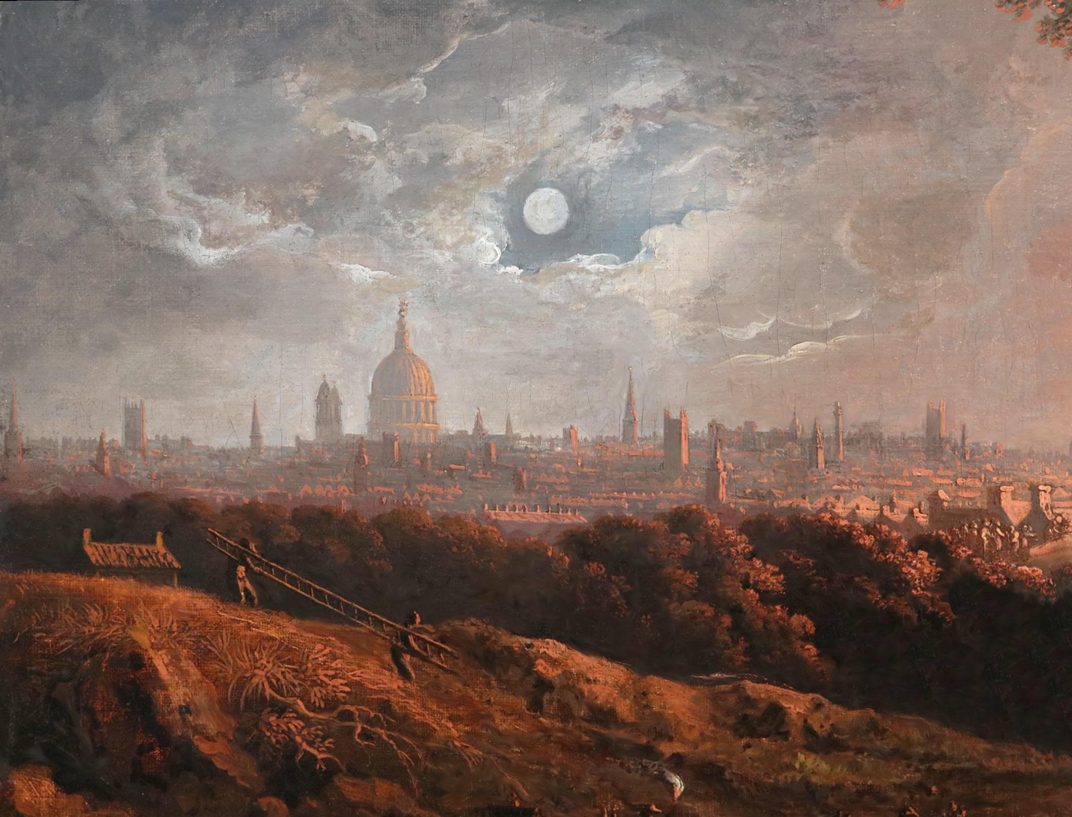 Fuego y luz de luna - Importante óleo del siglo XVIII Londres georgiano de noche en venta 1