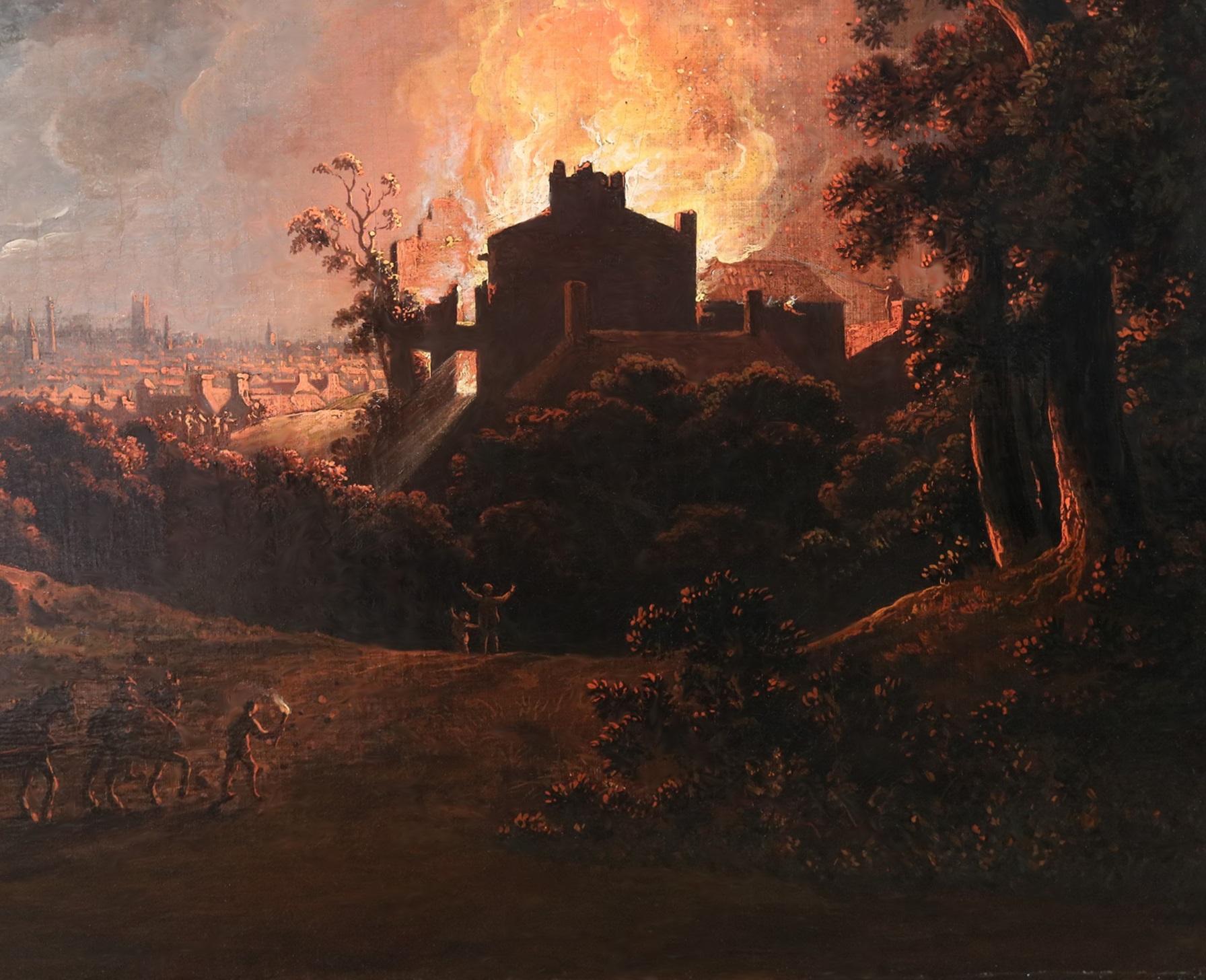 Fuego y luz de luna - Importante óleo del siglo XVIII Londres georgiano de noche en venta 2