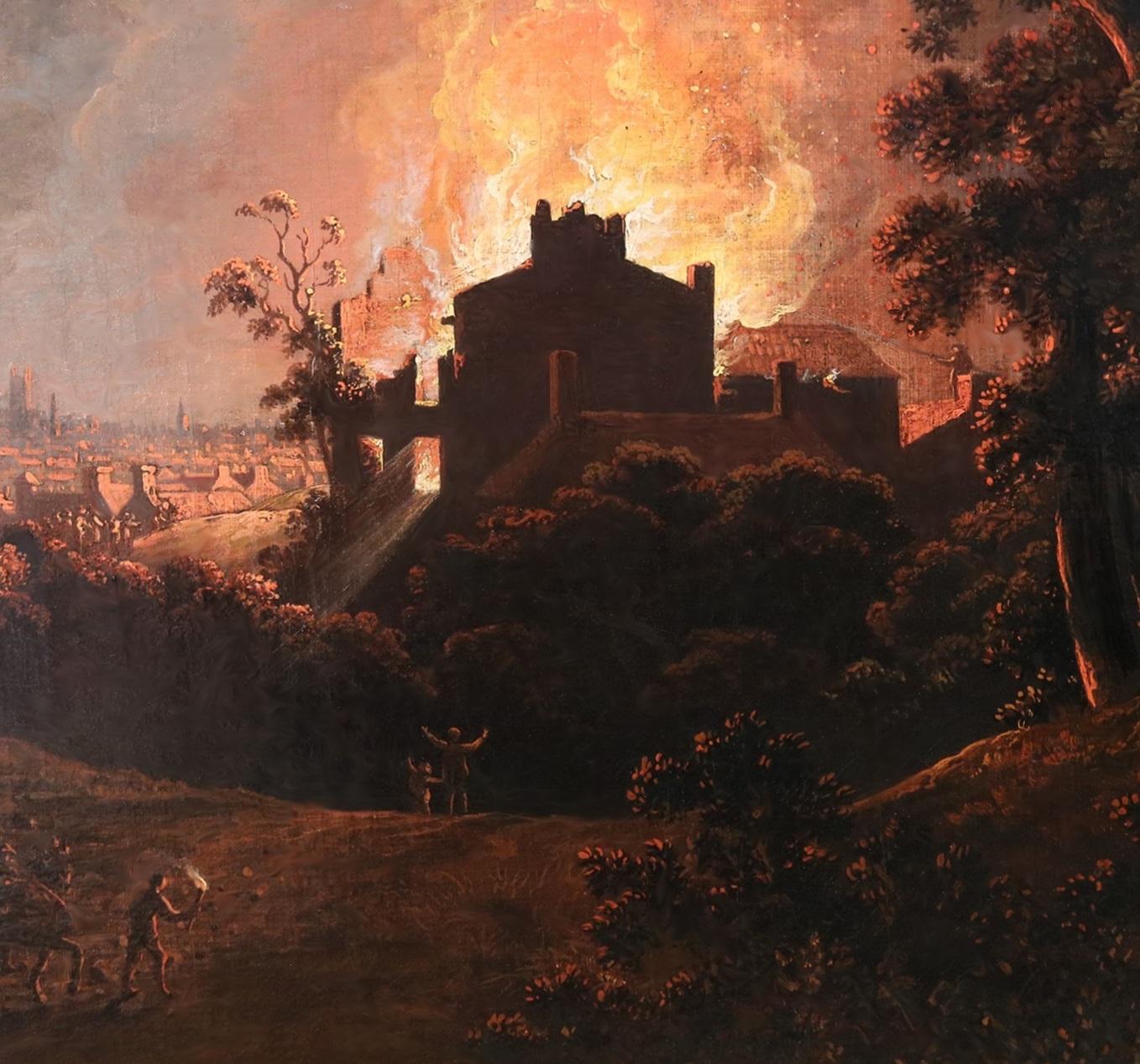 Fuego y luz de luna - Importante óleo del siglo XVIII Londres georgiano de noche en venta 4