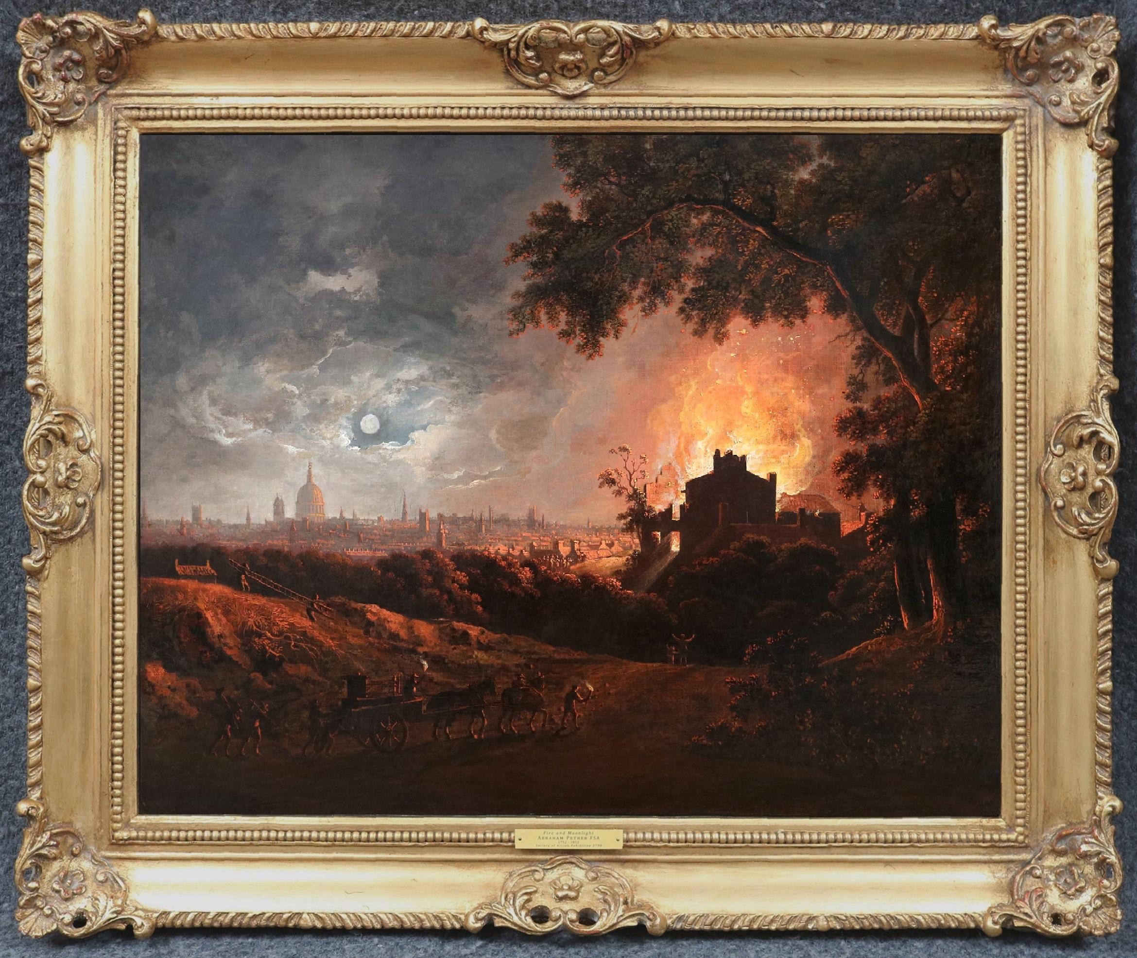 ‘Fire and Moonlight’ by Abraham Pether FSA (1752–1812).

The painting – which depicts an extensive moonlit view across the City of London with a cottage on fire in the foreground – was exhibited at the Society of Artists Exhibition in London in 1790