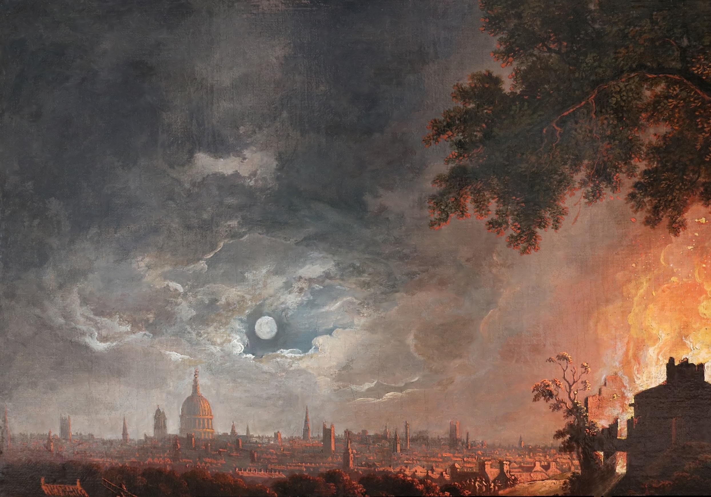 Fire & Moonlight - Important 18th Century Old Master Oil Painting London Night For Sale 2