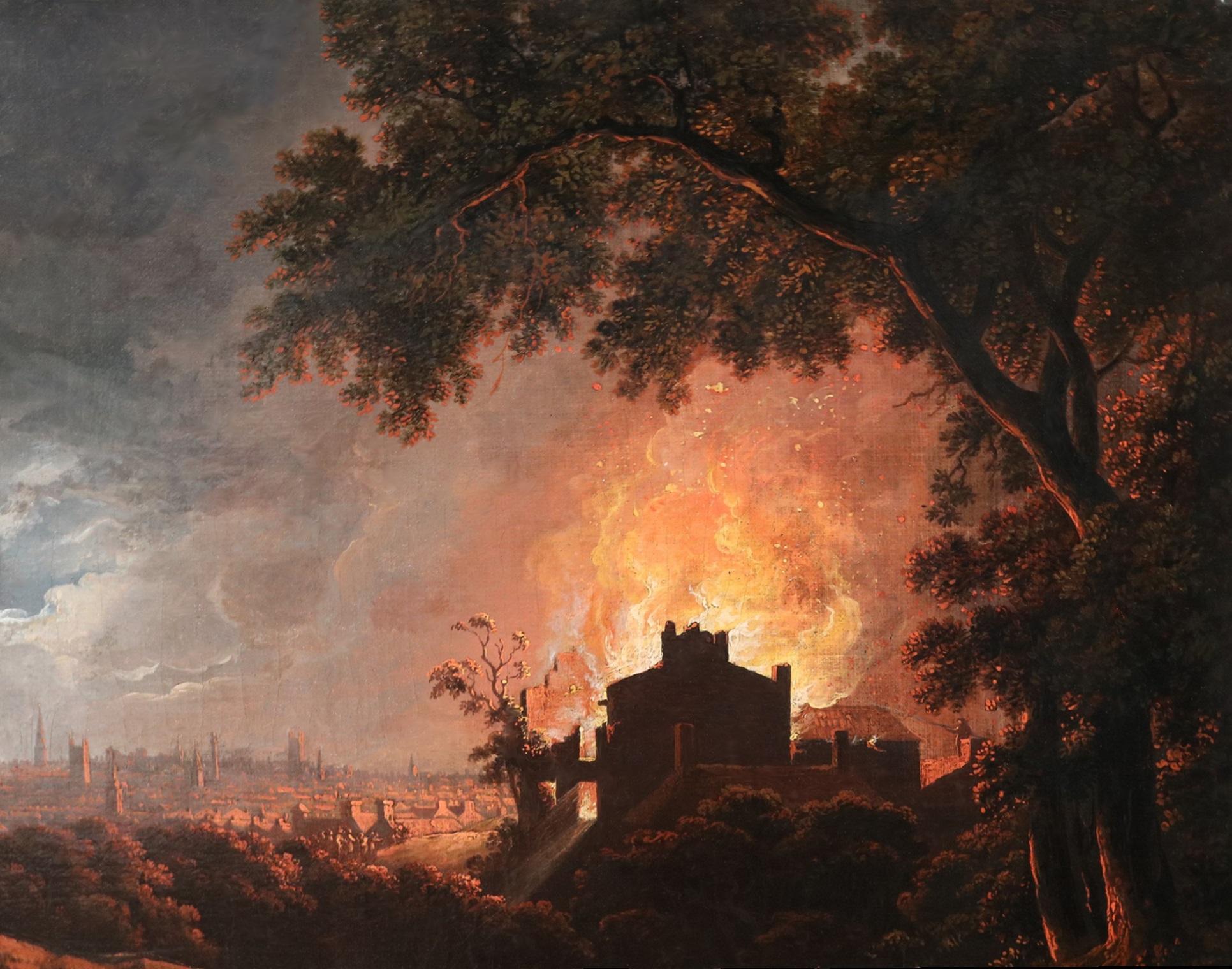 Fire & Moonlight - Important 18th Century Old Master Oil Painting London Night For Sale 3