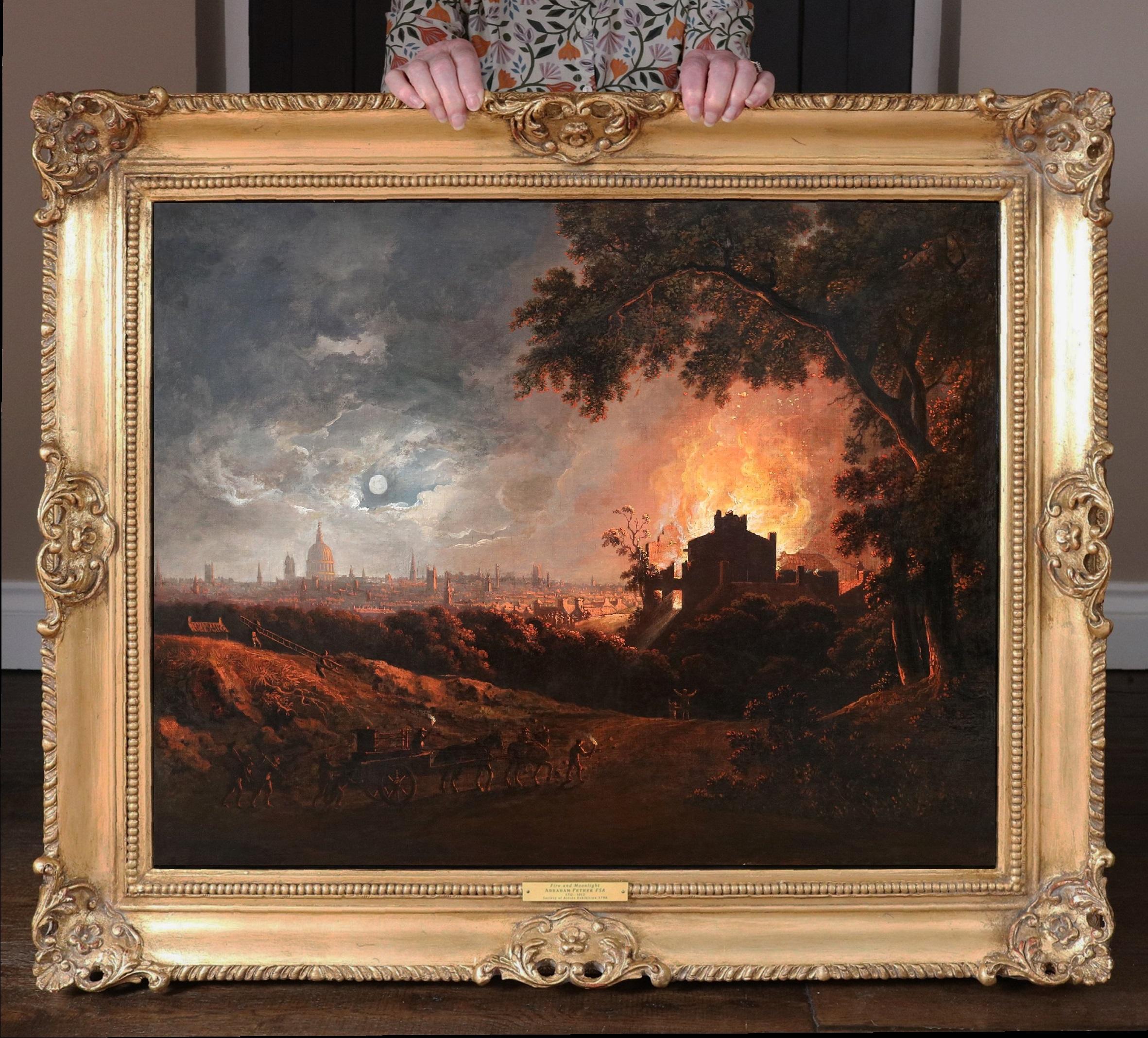 Abraham Pether Landscape Painting - Fire & Moonlight - Important 18th Century Old Master Oil Painting London Night
