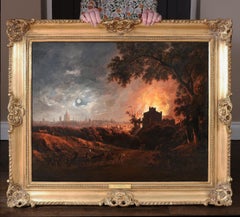 Antique Fire & Moonlight - Important 18th Century Old Master Oil Painting London Night