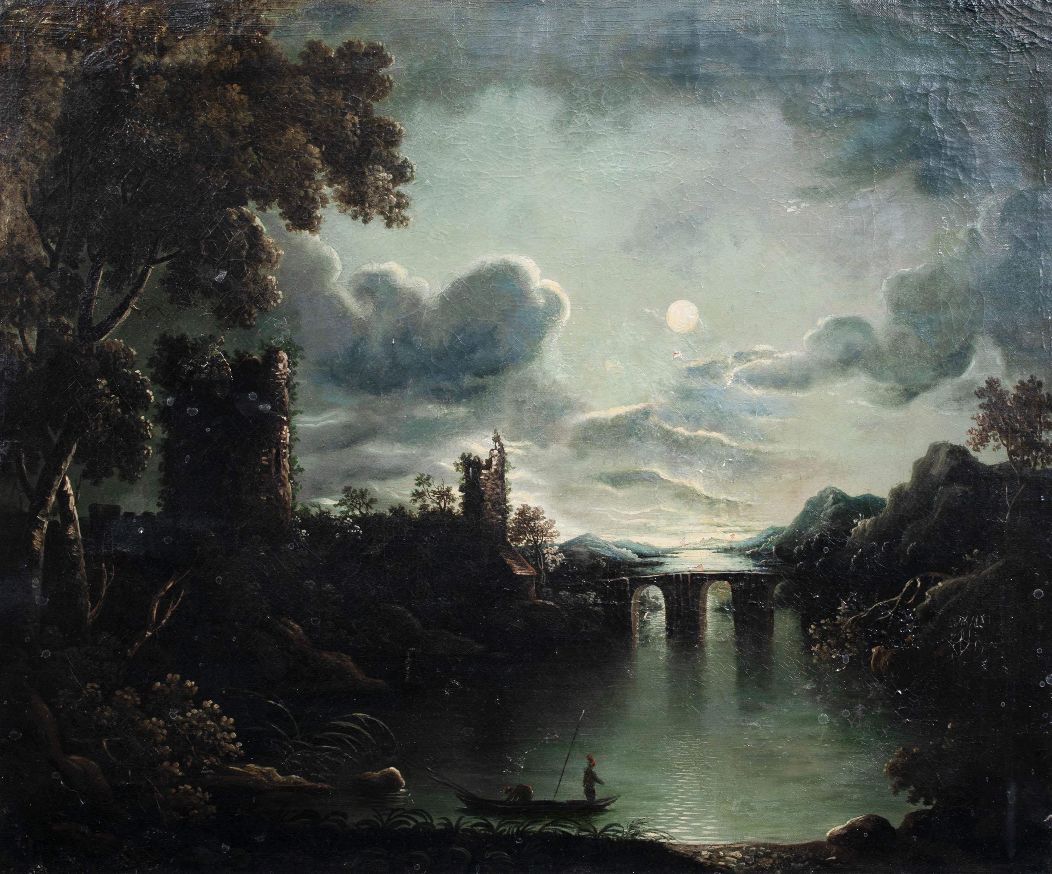 Moonlit River Landscape, 19th Century  Circle of Sebastian PETHER (1790-1844)  - Black Landscape Painting by Abraham Pether