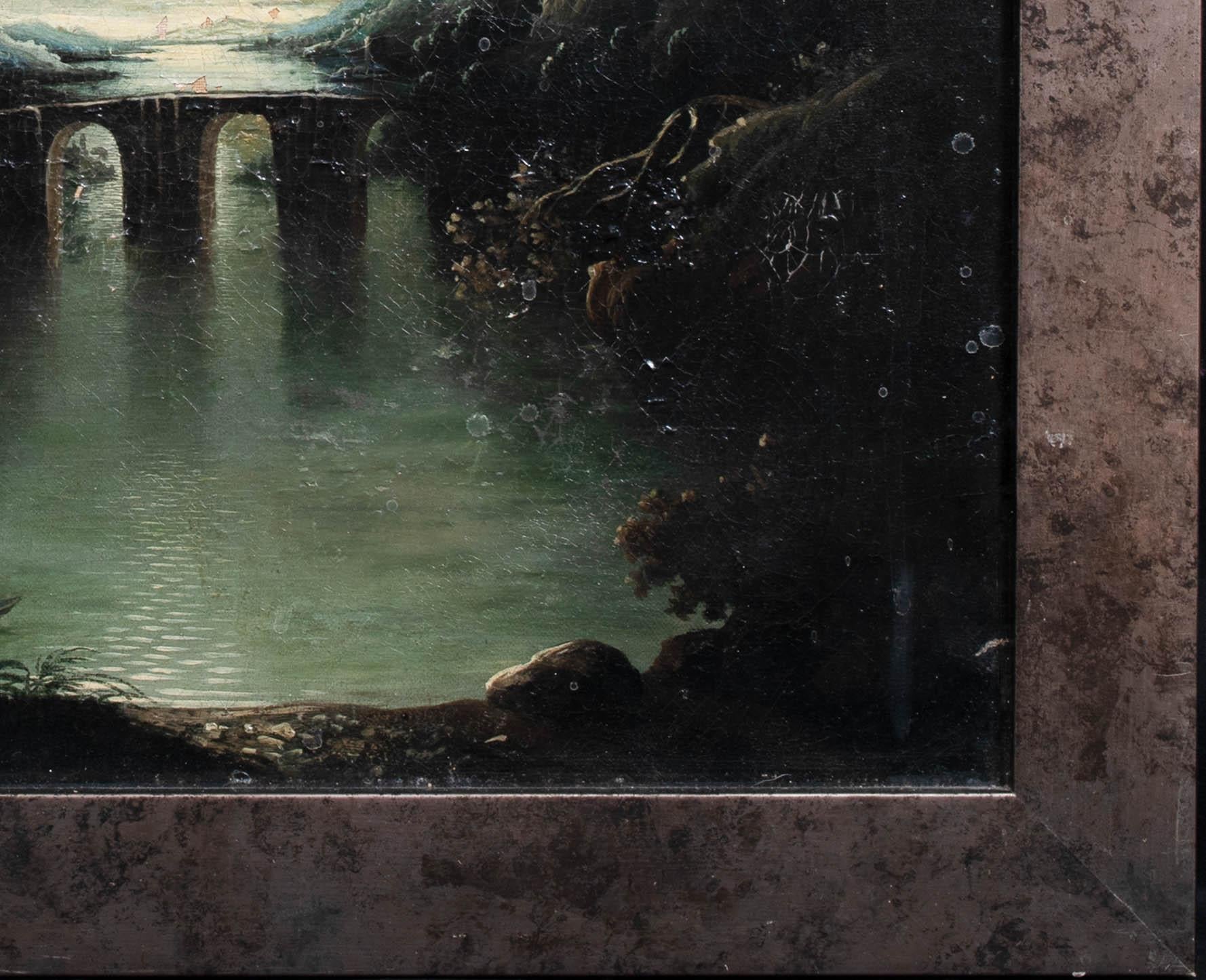 Moonlit River Landscape, 19th Century

Circle of Sebastian PETHER (1790-1844)

Large 19th Century English norturne of a moonlit river landscape, oil on canvas. Excellent quality and condition extensive view of figures overlooking a moonlit river